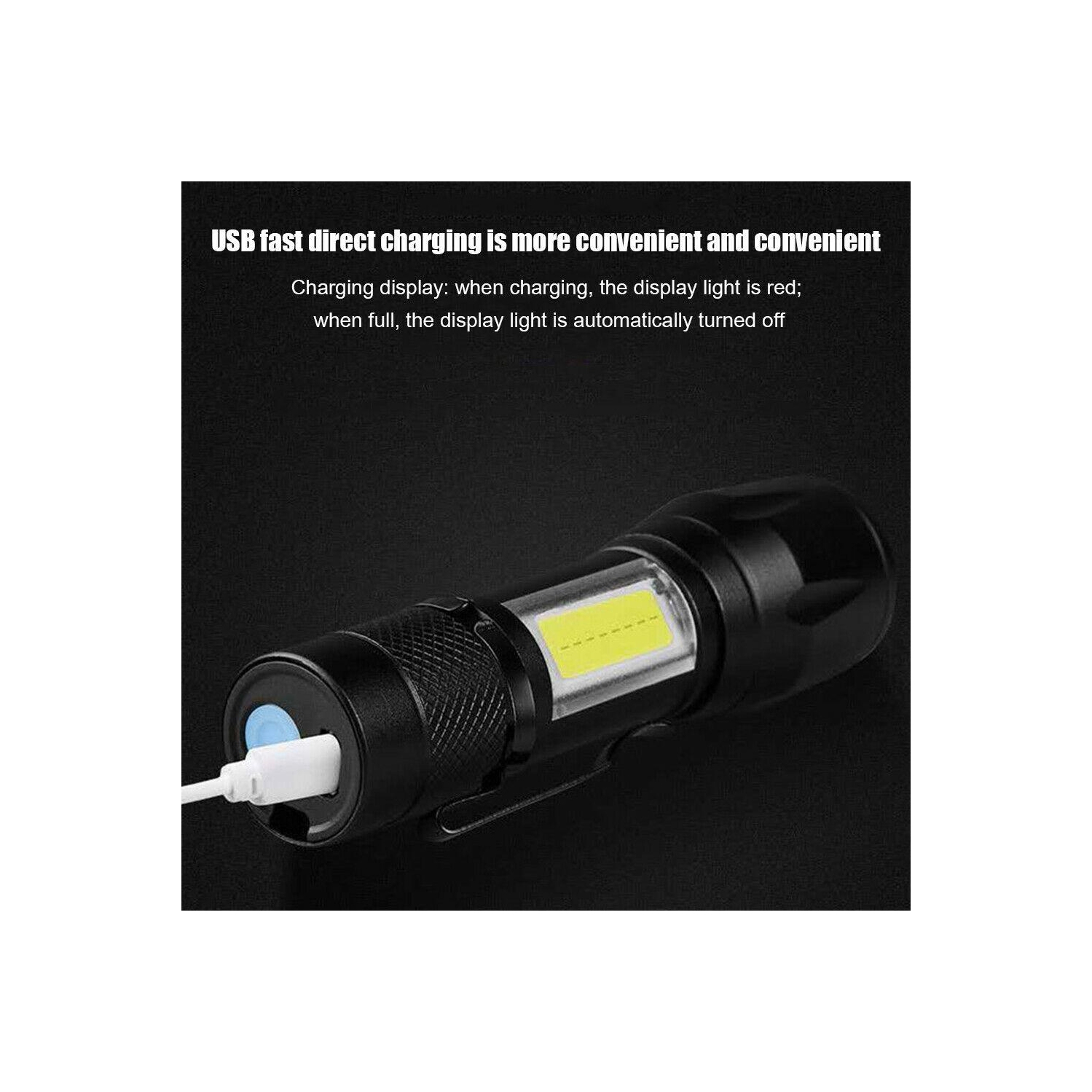 XPE+COB LED Flashlight USB Rechargeable IPX4 3 Modes Emergency Torch Light