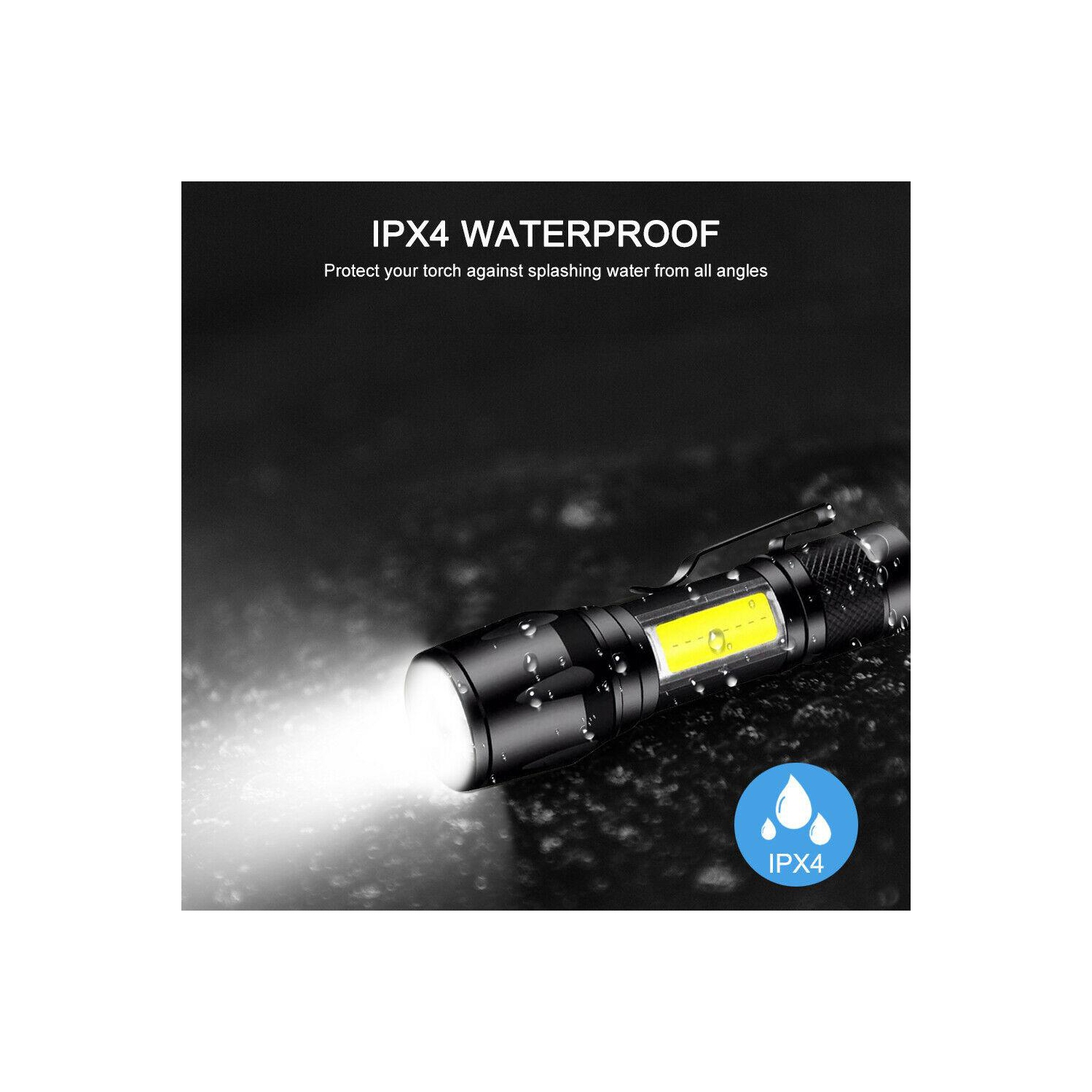 XPE+COB LED Flashlight USB Rechargeable IPX4 3 Modes Emergency Torch Light