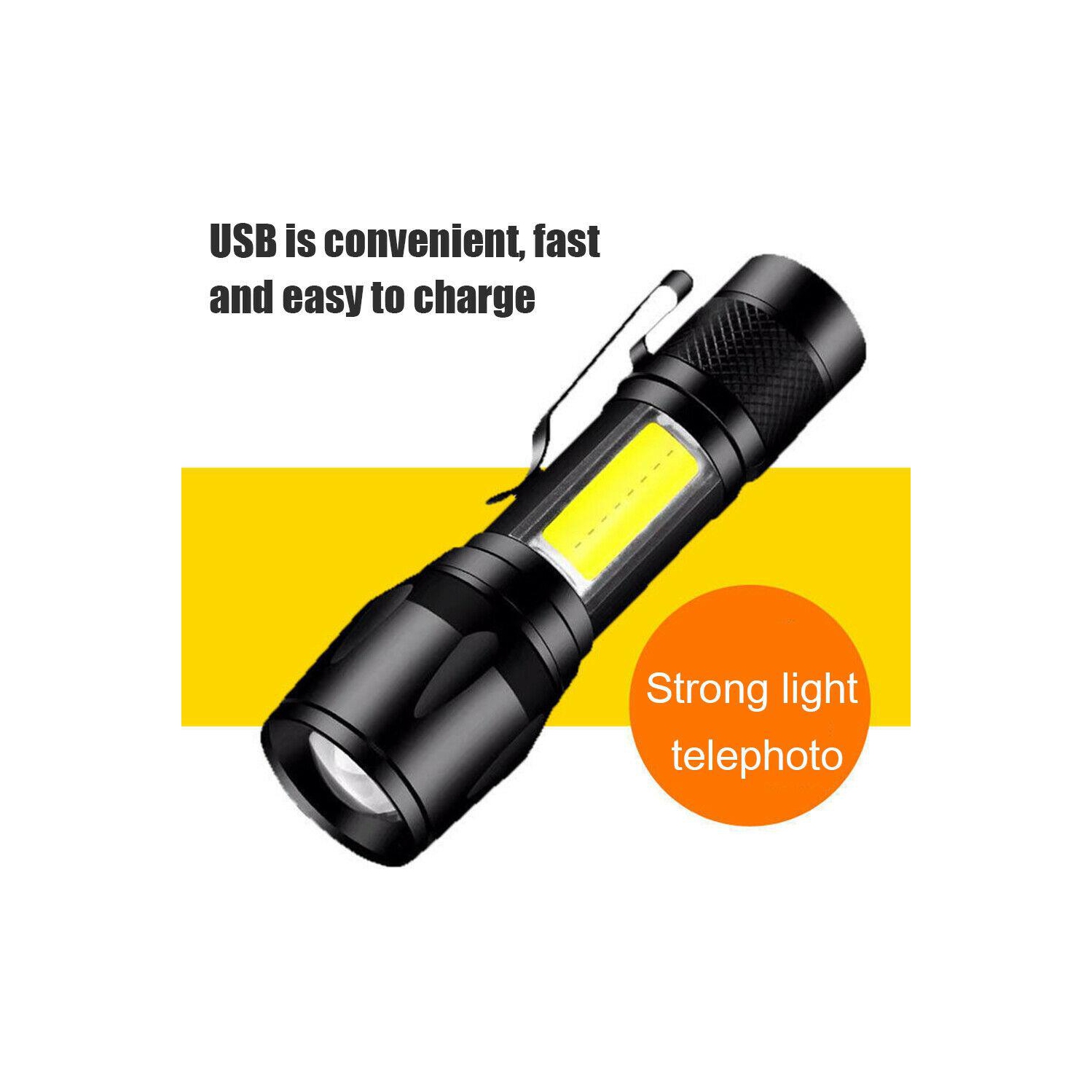 XPE+COB LED Flashlight USB Rechargeable IPX4 3 Modes Emergency Torch Light