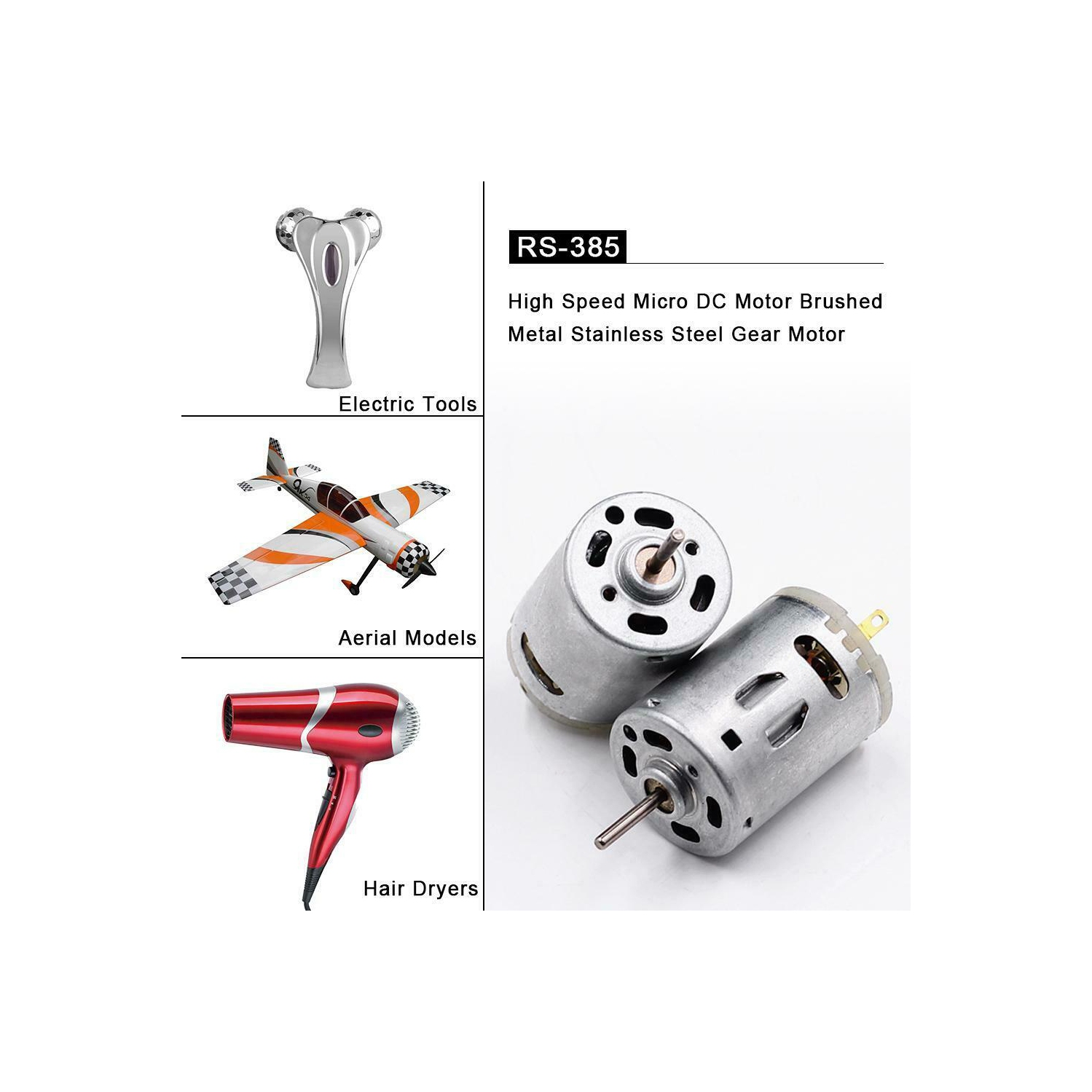 RS-385 High Speed Micro DC Motor Brushed Metal Stainless Steel Gear Motor