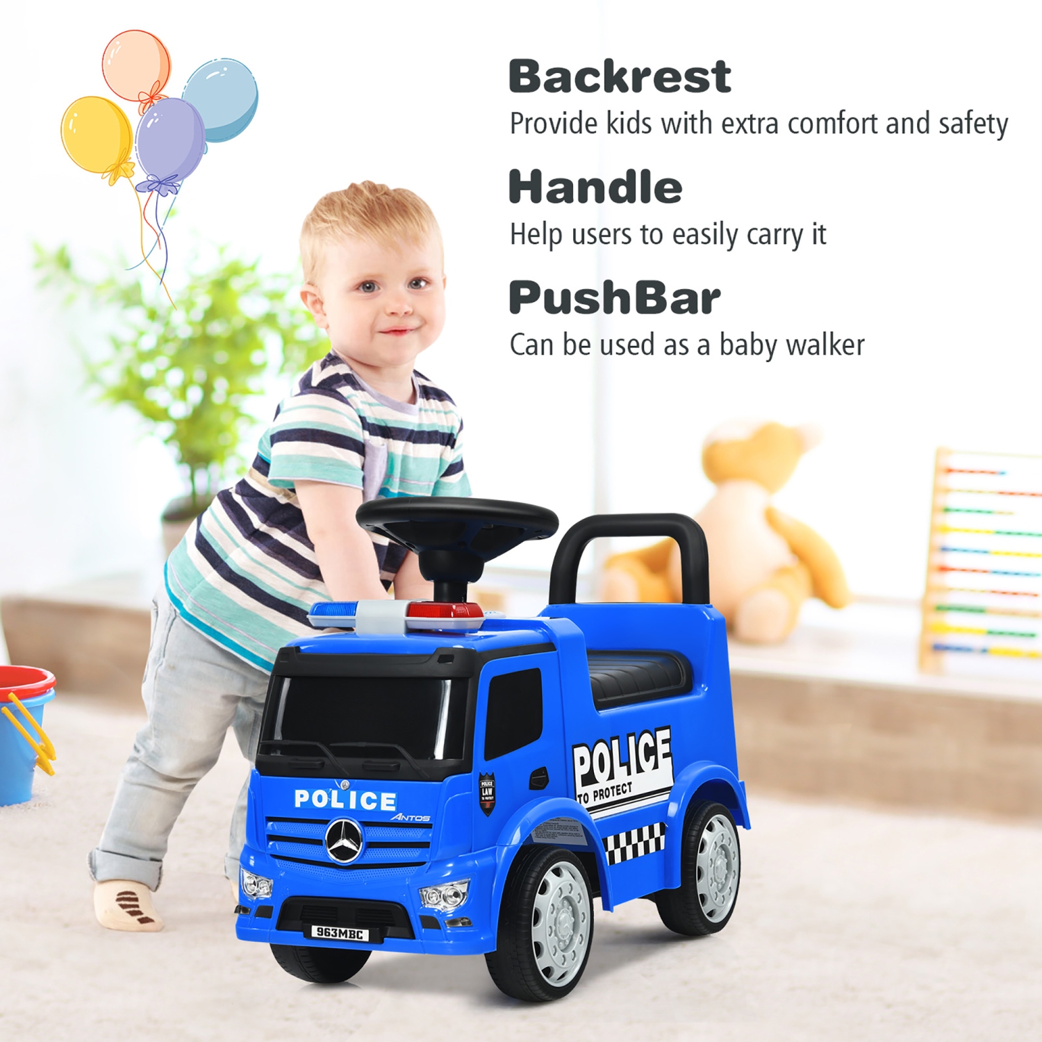 Costway Kids Ride On Push Police Car Licensed Mercedes Benz Push and Ride Racer