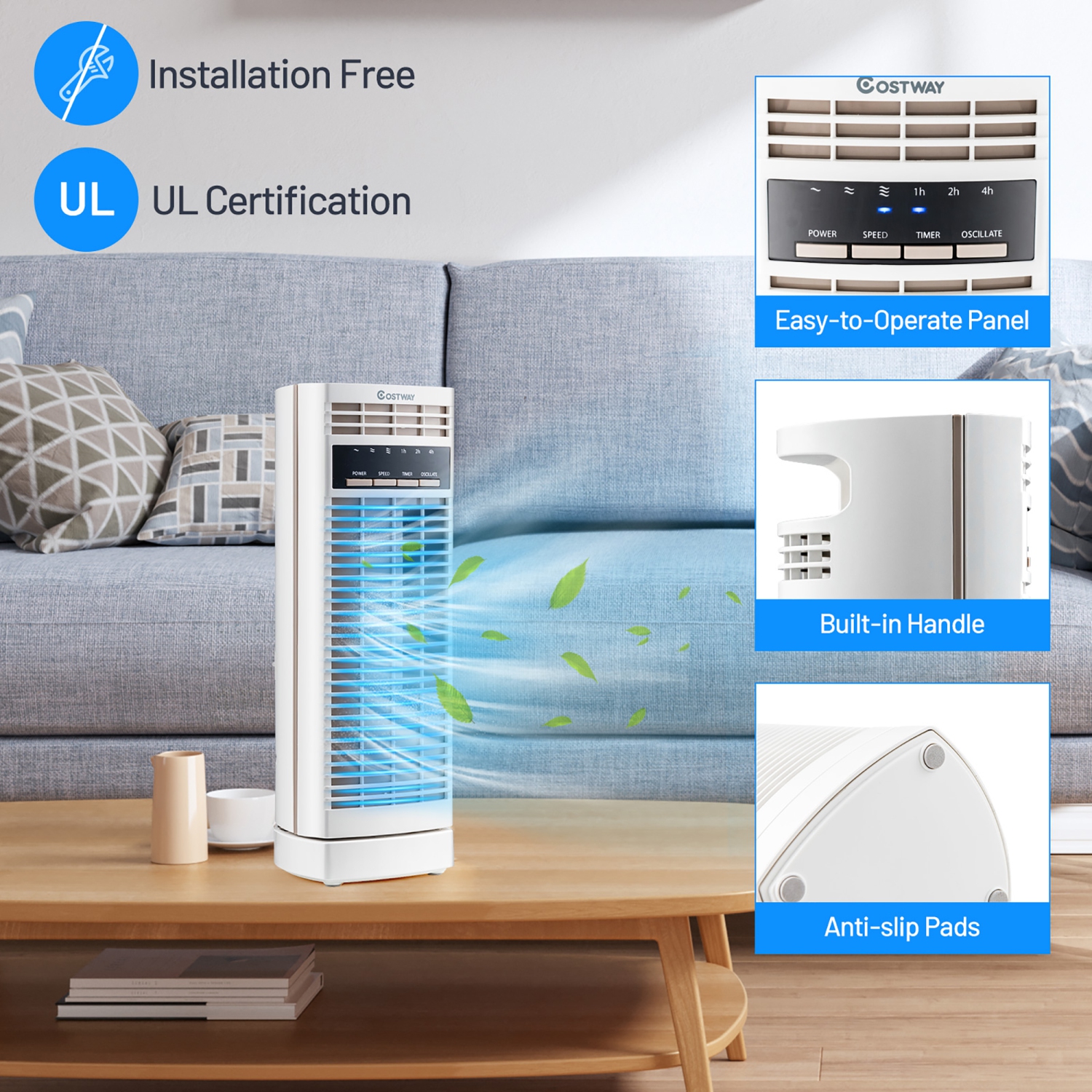 Mini ventilateur de bureau électrique oscillant Costway, de 35,6 cm avec 3 vitesses et minuterie, Blanc