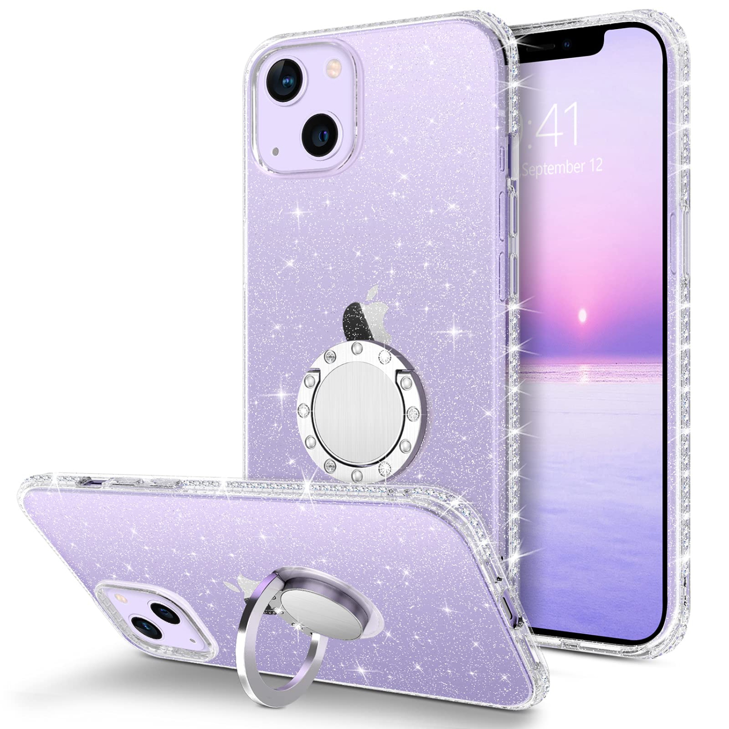 BENTOBEN iPhone 13 Case, iPhone 13 Phone Case Clear Glitter Slim Soft Bumper with 360° Ring Holder Kickstand Protective Wome