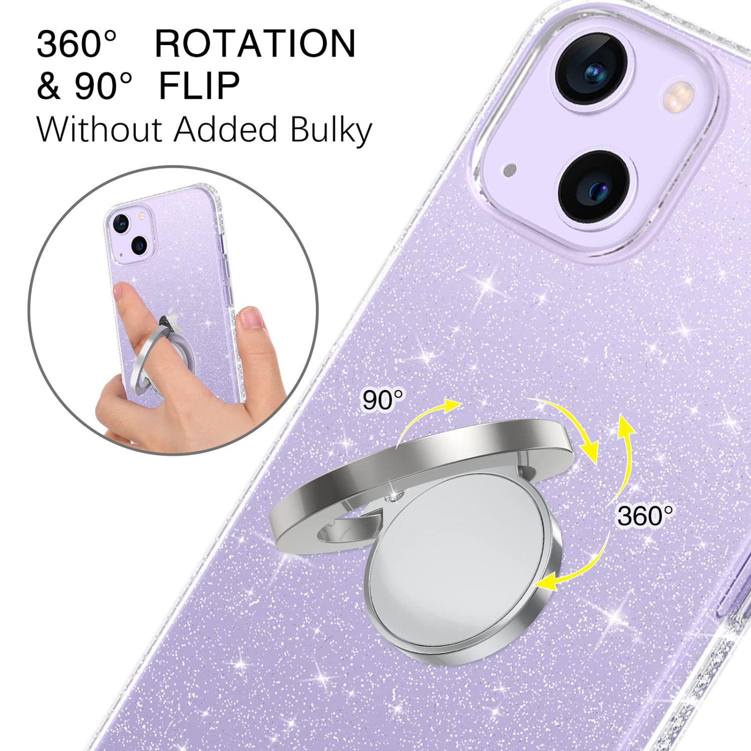 BENTOBEN iPhone 13 Case, iPhone 13 Phone Case Clear Glitter Slim Soft Bumper with 360° Ring Holder Kickstand Protective Wome