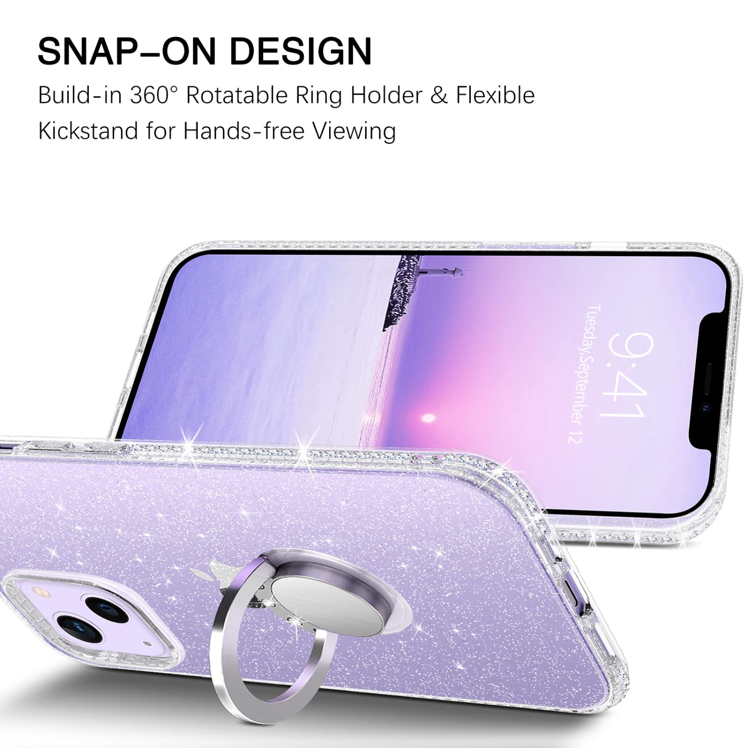 BENTOBEN iPhone 13 Case, iPhone 13 Phone Case Clear Glitter Slim Soft Bumper with 360° Ring Holder Kickstand Protective Wome