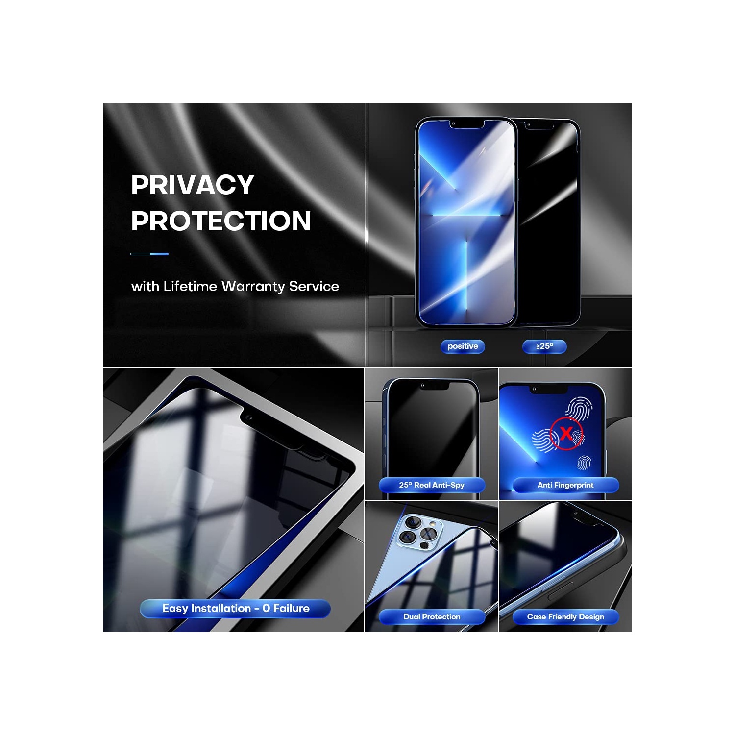 TOCOL 4 Pack Compatible with iPhone 13 Pro 5G 6.1 inch, Not for iPhone 13-2Pcs Privacy Tempered Glass Screen Protector + 2Pc