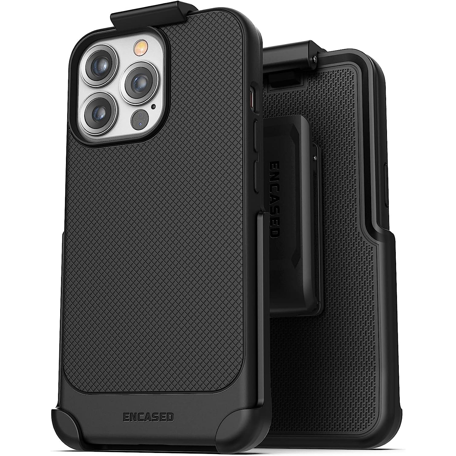 Encased Thin Armor Designed for iPhone 13 Pro Belt Clip Case, Slim Grip Phone Cover with Holster - Black