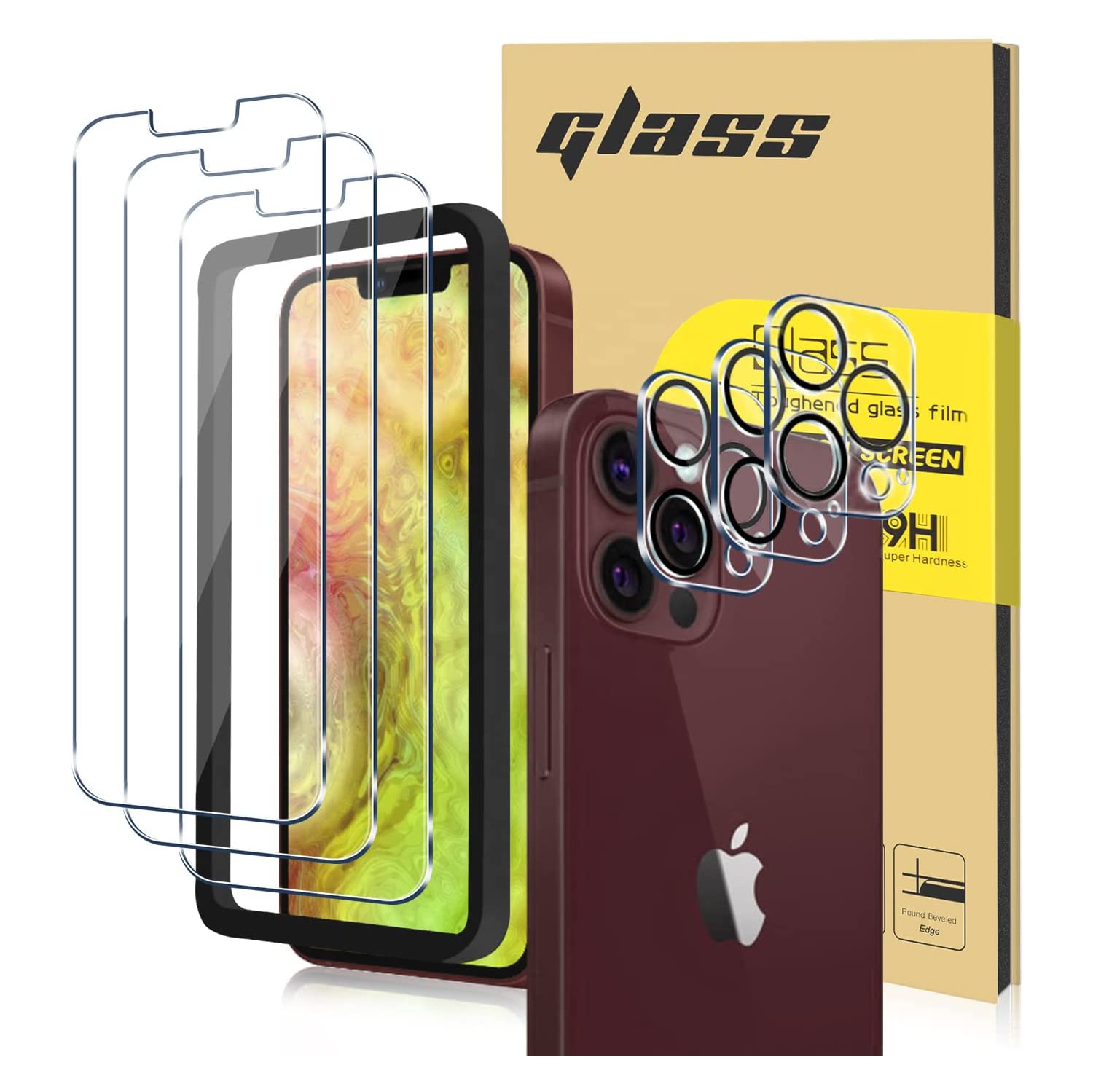[PAQUET DE 3 + 3] Ensemble de 3 protecteurs d'écran et 3 protecteurs d'objectif pour appareil photo compatible avec le verre trempé iPhone 13 Pro