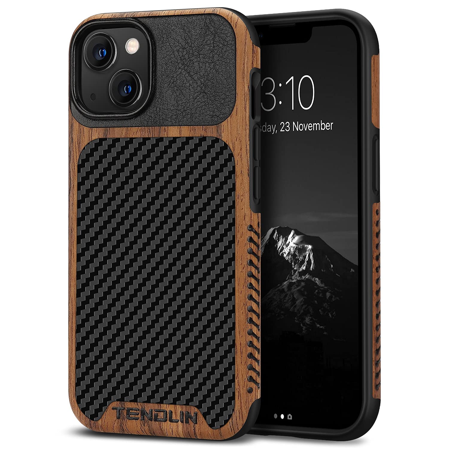 TENDLIN Compatible with iPhone 13 Mini Case Wood Grain with Carbon Fiber Texture Design Leather Hybrid Case Compatible for i