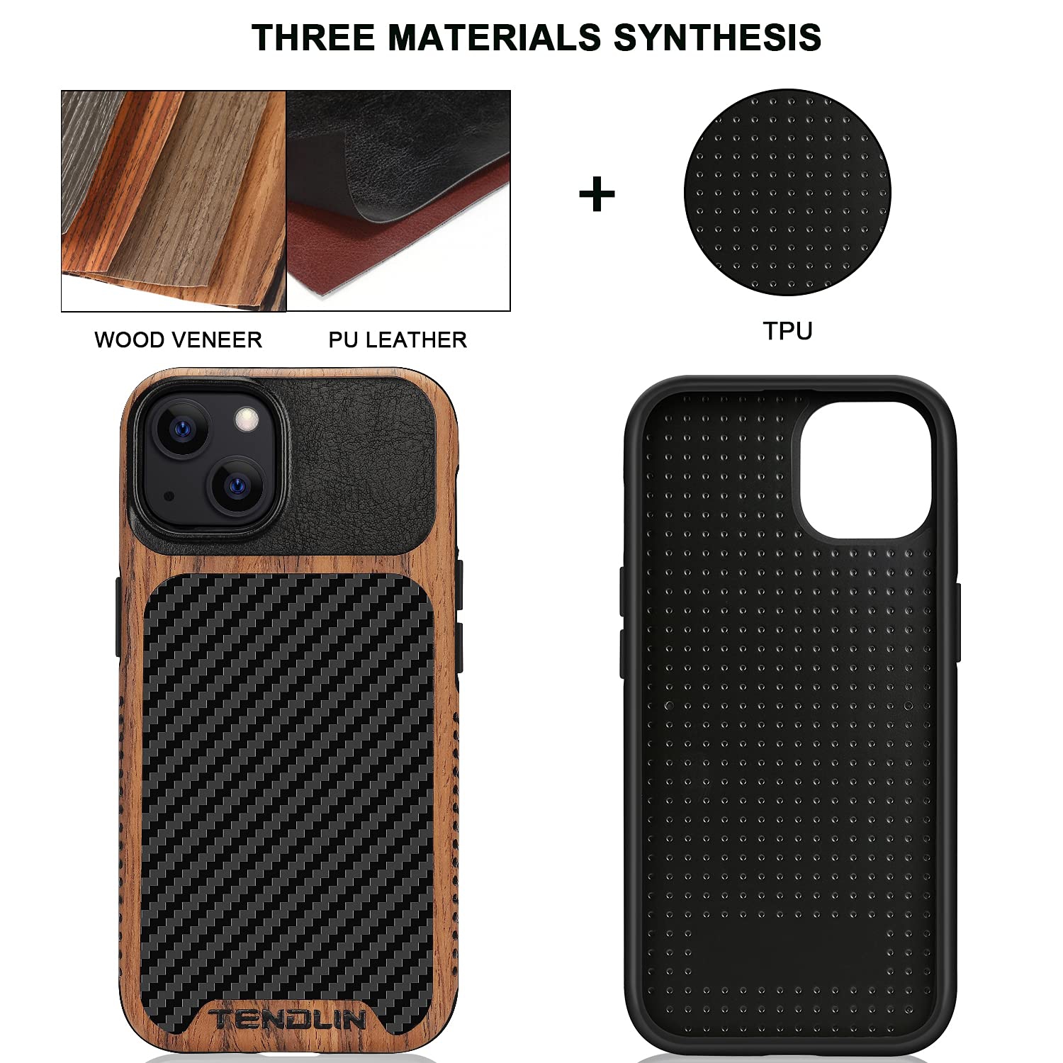 TENDLIN Compatible with iPhone 13 Mini Case Wood Grain with Carbon Fiber Texture Design Leather Hybrid Case Compatible for i