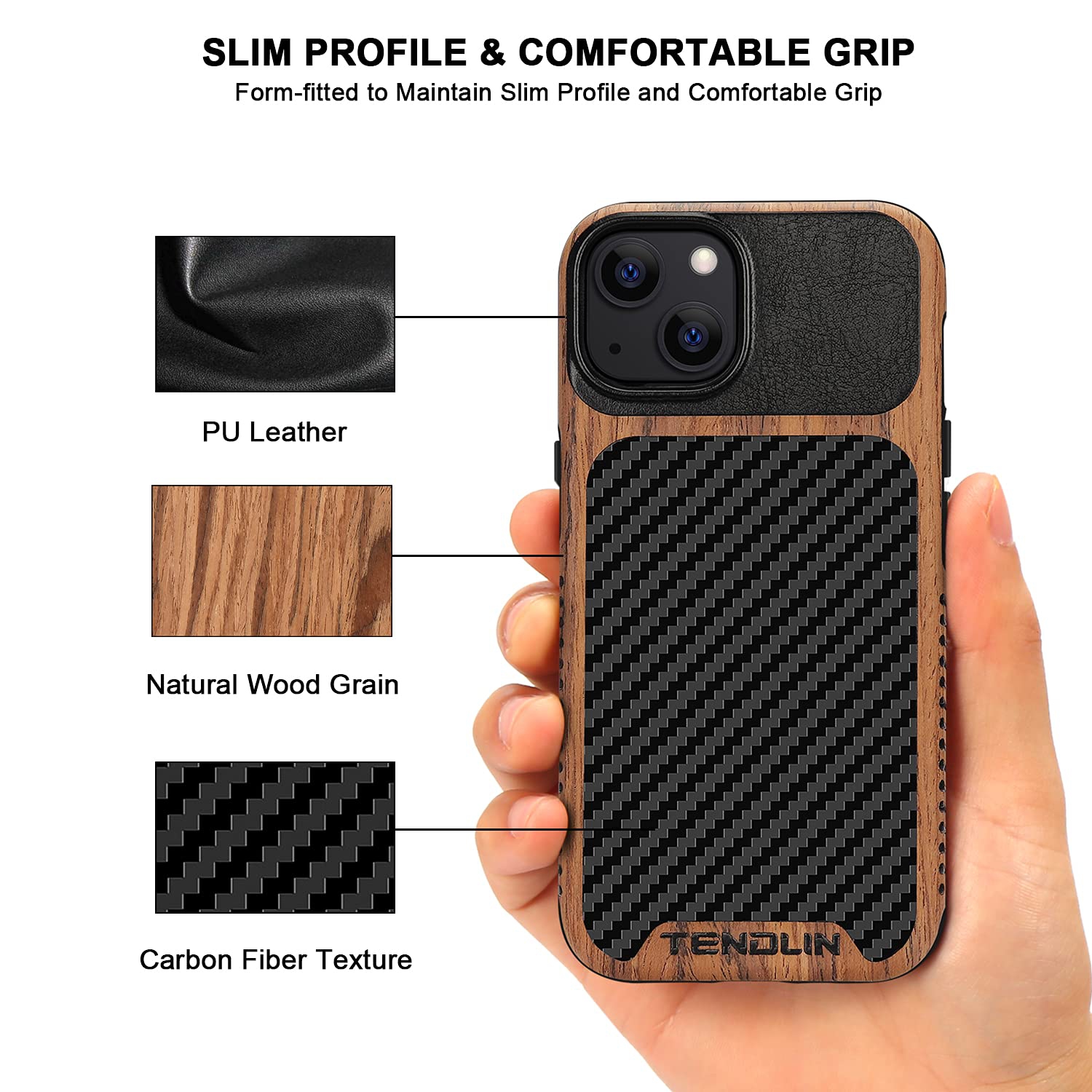 TENDLIN Compatible with iPhone 13 Mini Case Wood Grain with Carbon Fiber Texture Design Leather Hybrid Case Compatible for i