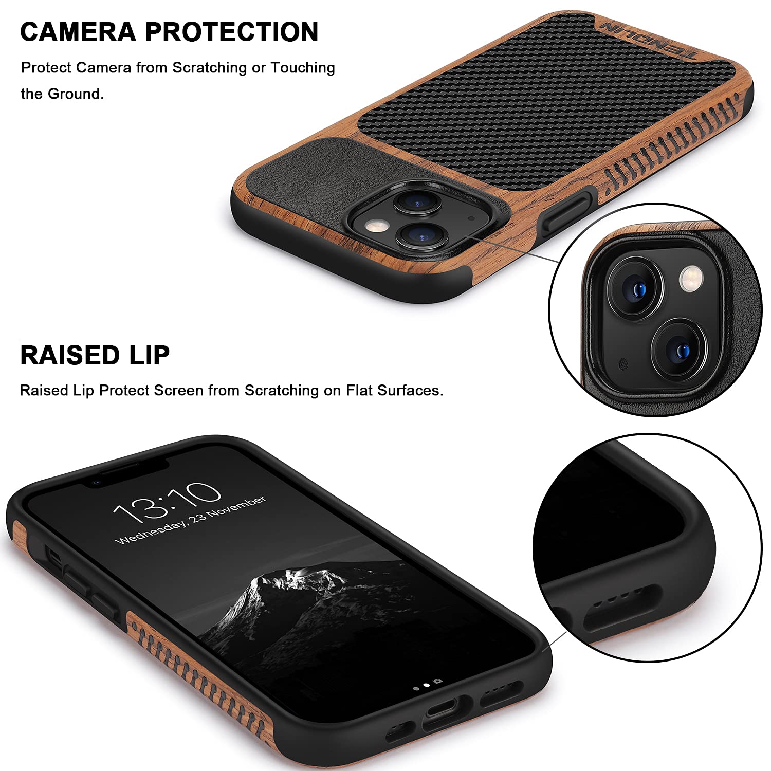 TENDLIN Compatible with iPhone 13 Mini Case Wood Grain with Carbon Fiber Texture Design Leather Hybrid Case Compatible for i