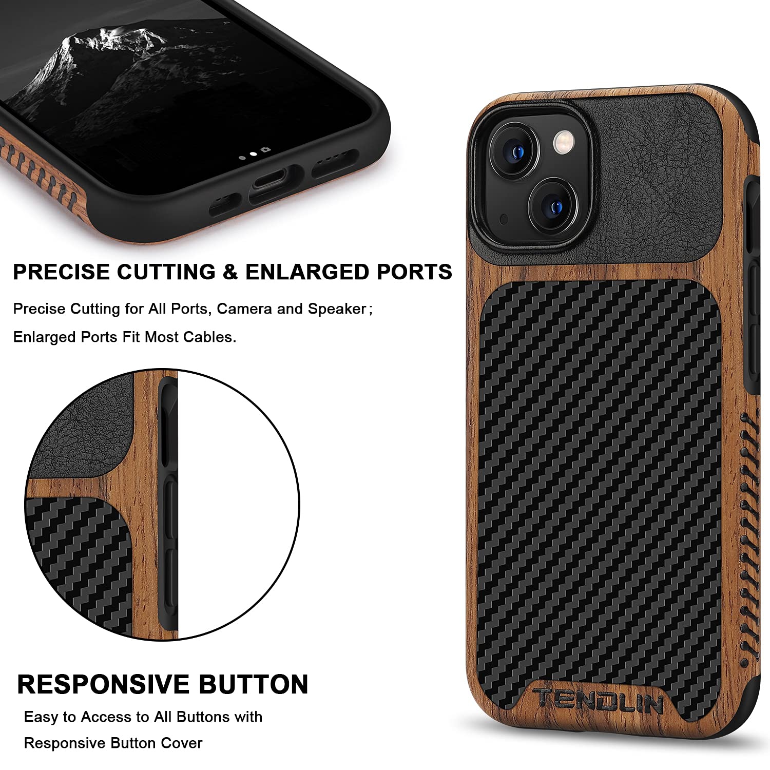 TENDLIN Compatible with iPhone 13 Mini Case Wood Grain with Carbon Fiber Texture Design Leather Hybrid Case Compatible for i