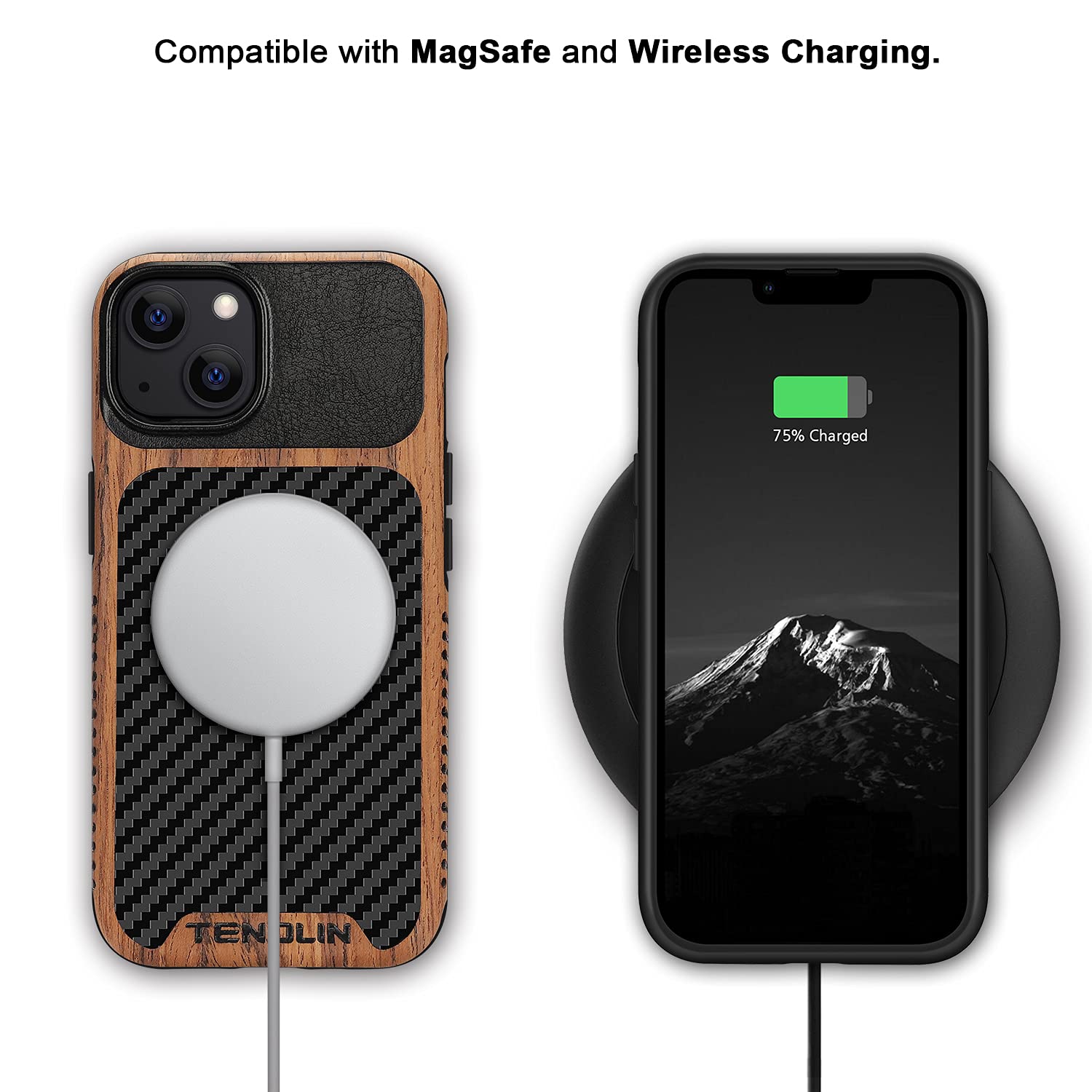 TENDLIN Compatible with iPhone 13 Mini Case Wood Grain with Carbon Fiber Texture Design Leather Hybrid Case Compatible for i