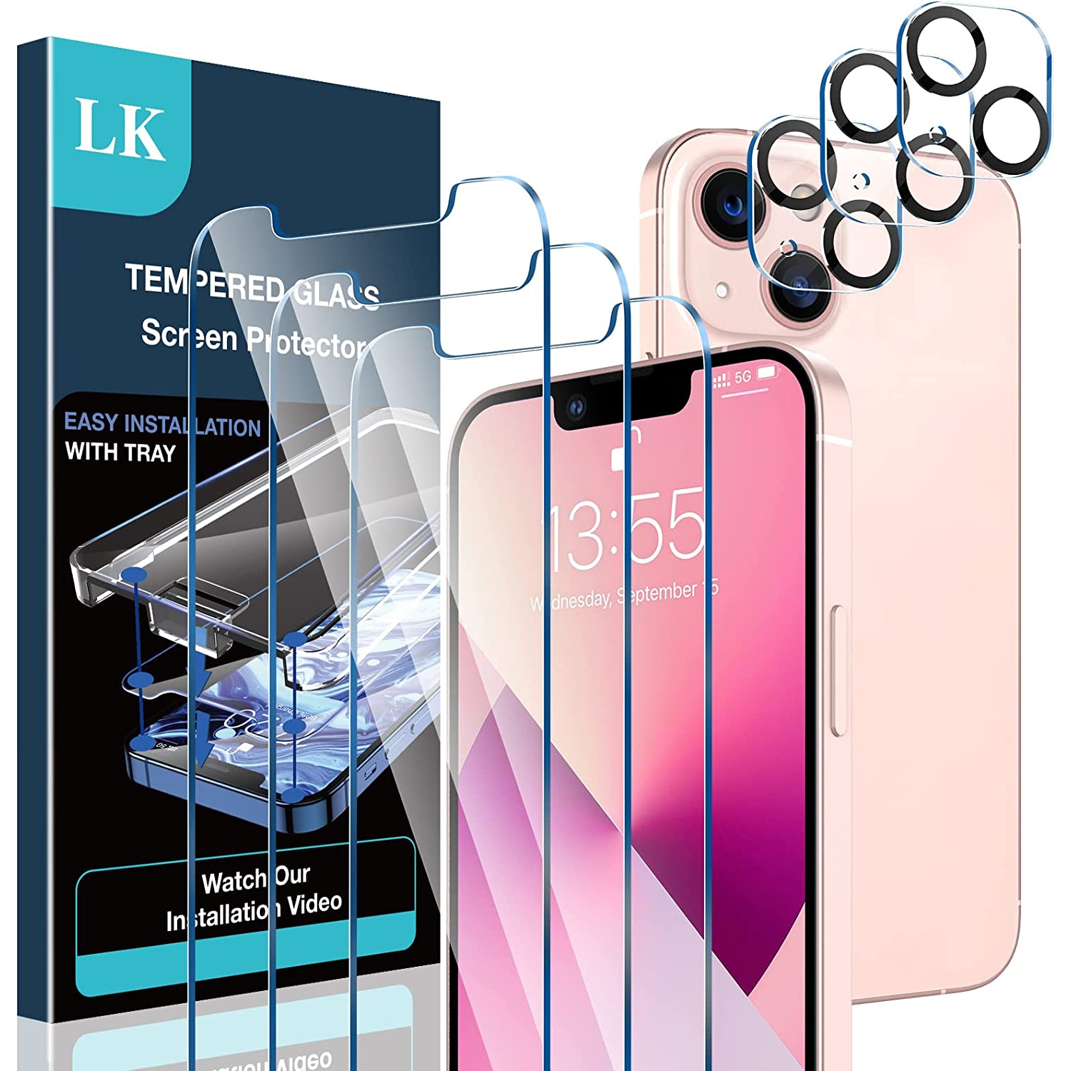 [ 3+3 Pack] LK 3Pack Protecteur d’écran compatible avec iPhone 13 Mini 5,4 po avec protecteur d’objectif 3Pack, anti-rayures facile à installer,