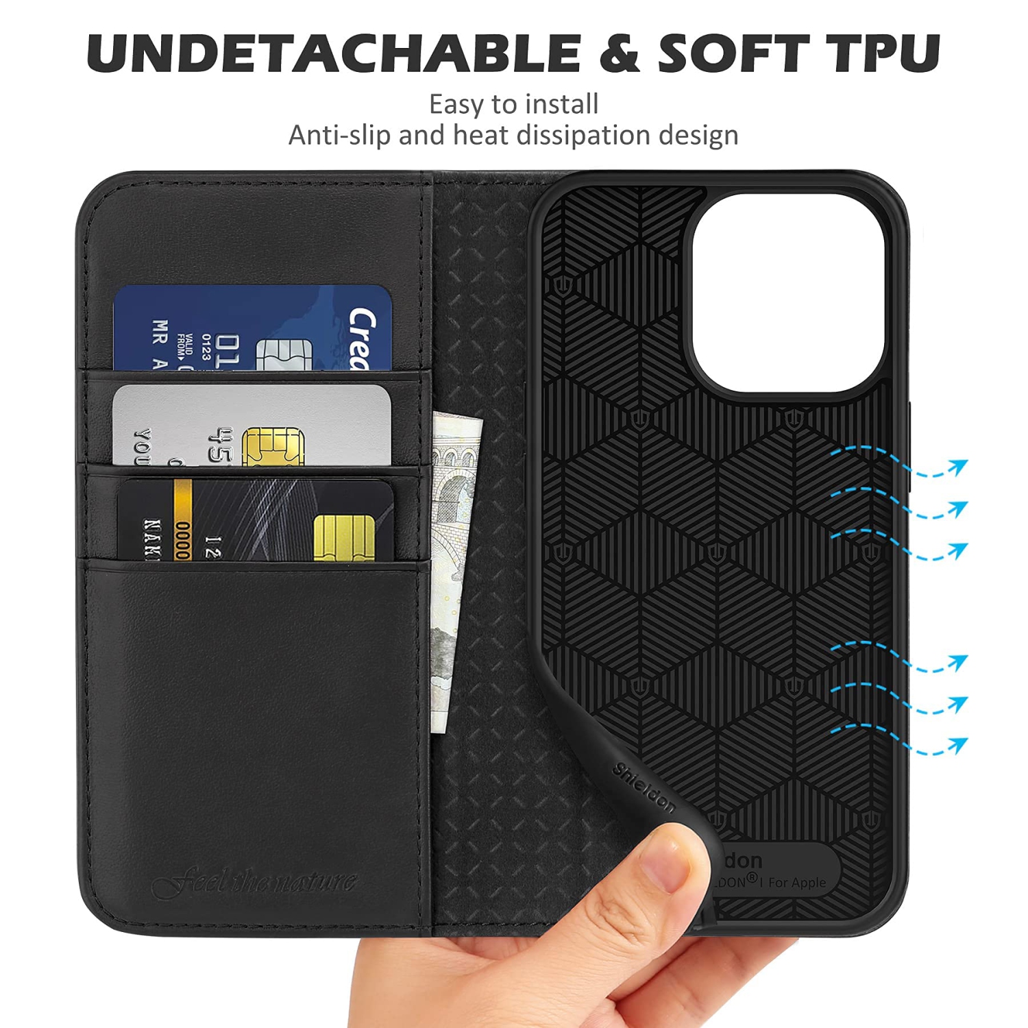 Étui SHIELDON pour iPhone 13 Pro 5G, étui portefeuille en cuir véritable étui portefeuille en cuir avec blocage RFID porte-carte de crédit, support