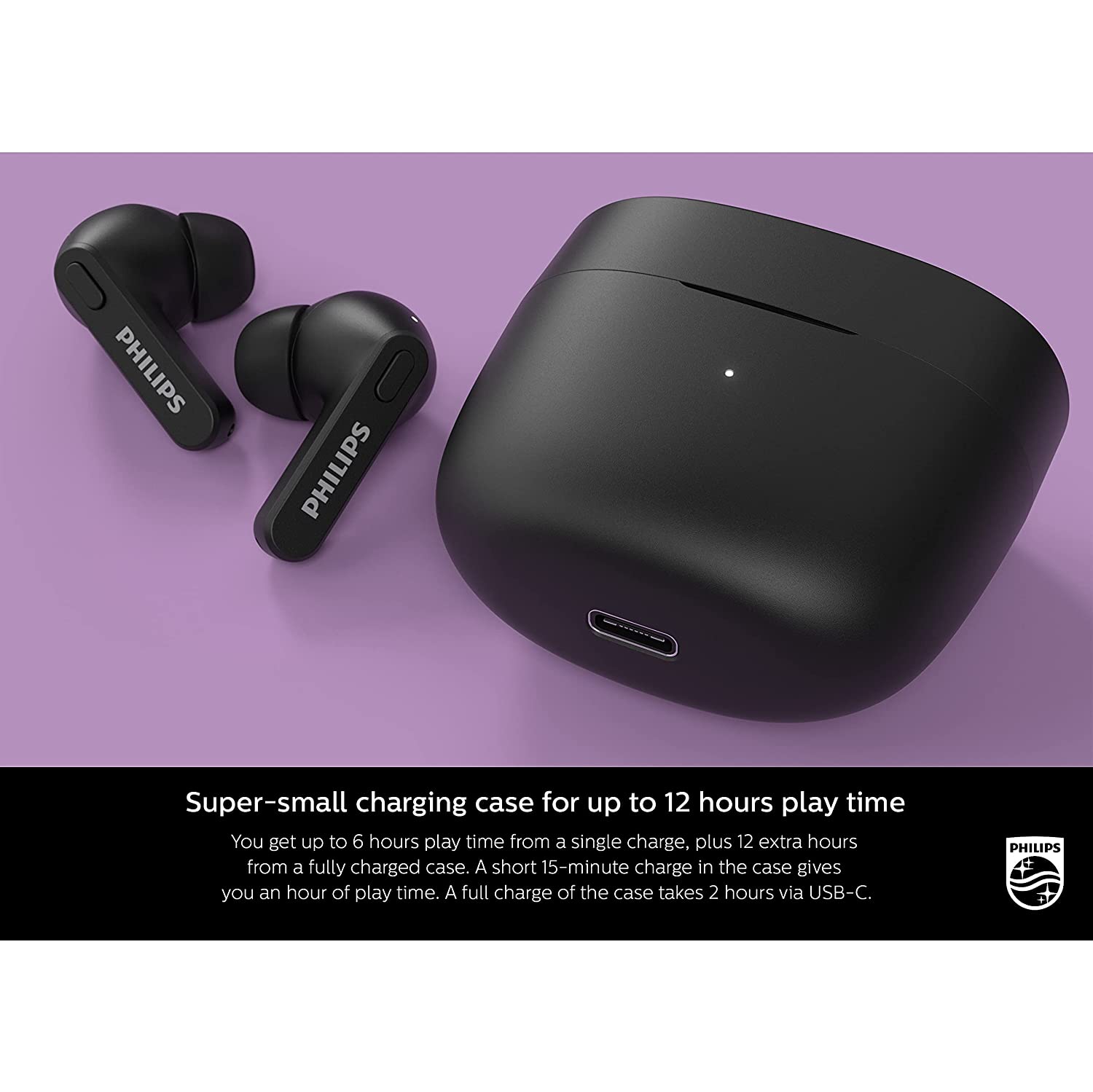 Philips T2206 True Wireless Headphones with IPX4 Water Resistance, Super-Small Charging case, Integrated Controls, Built-in Microphone, Up to 18