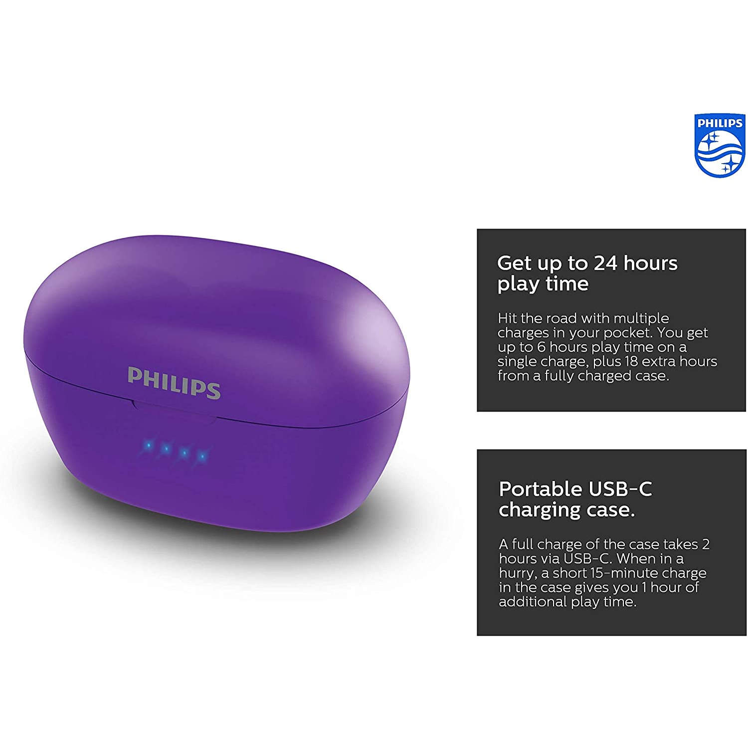 Philips TAT3215 Bluetooth 5.1 Wireless in-Ear Earbuds, TWS Stereo Headphones, IPX4, Up to 24hrs of Playtime with Power Bank Charging Case - Charges