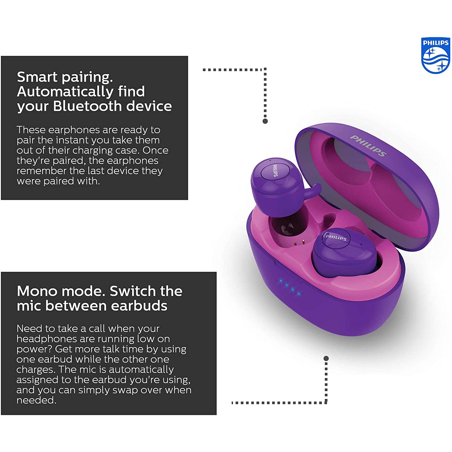 Philips TAT3215 Bluetooth 5.1 Wireless in-Ear Earbuds, TWS Stereo Headphones, IPX4, Up to 24hrs of Playtime with Power Bank Charging Case - Charges