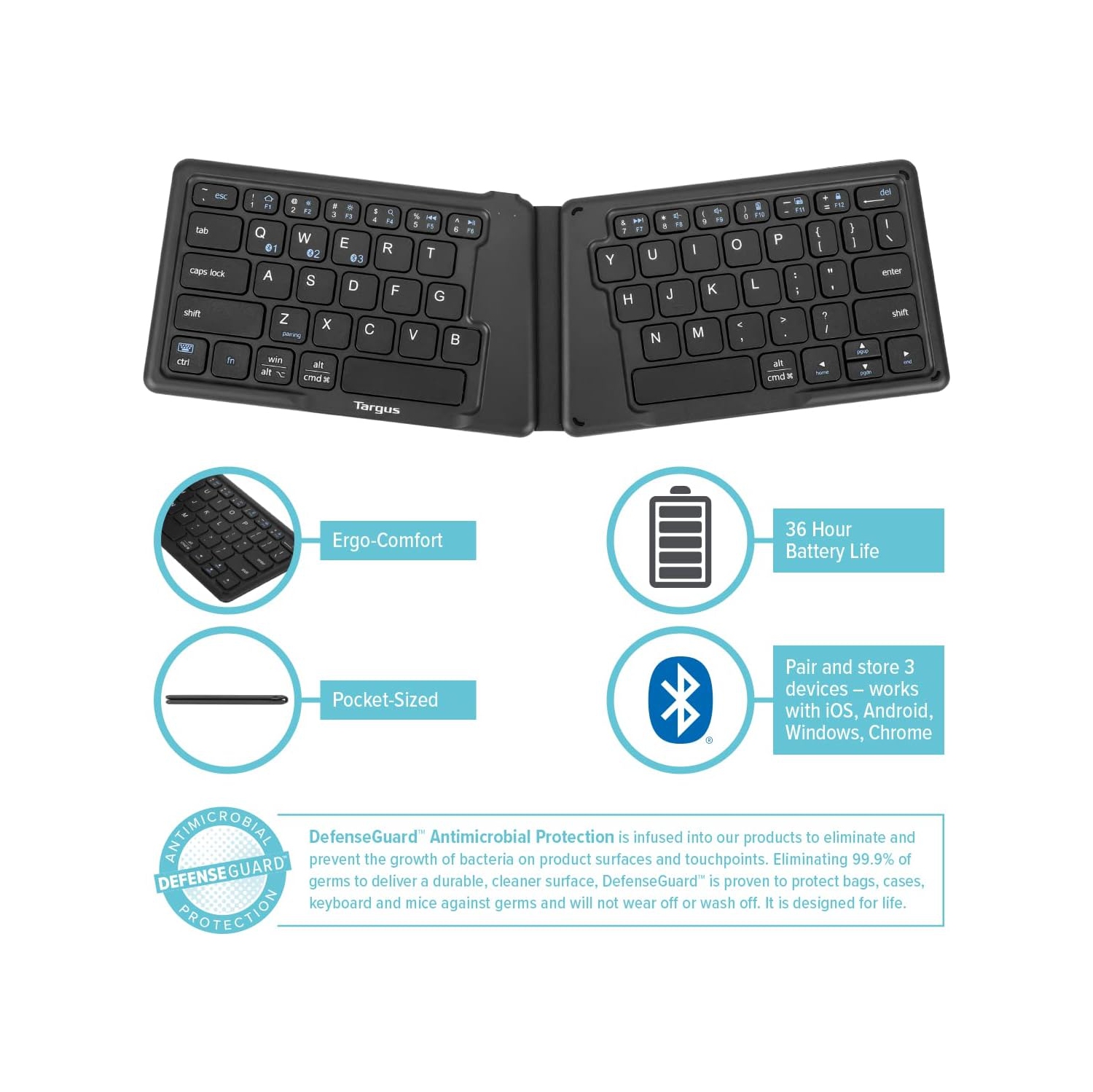Targus Ergonomic Foldable Bluetooth Antimicrobial Keyboard