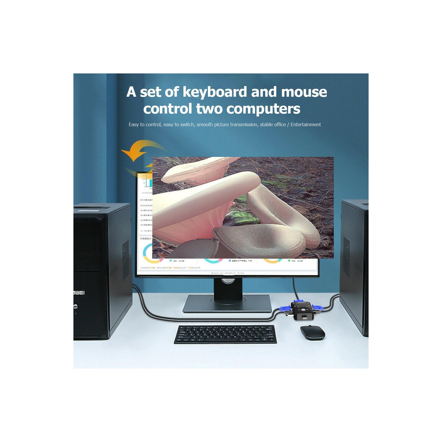 HW1701 – Commutateur KVM manuel 2-en-1 VGA 1080p, 2 ports USB