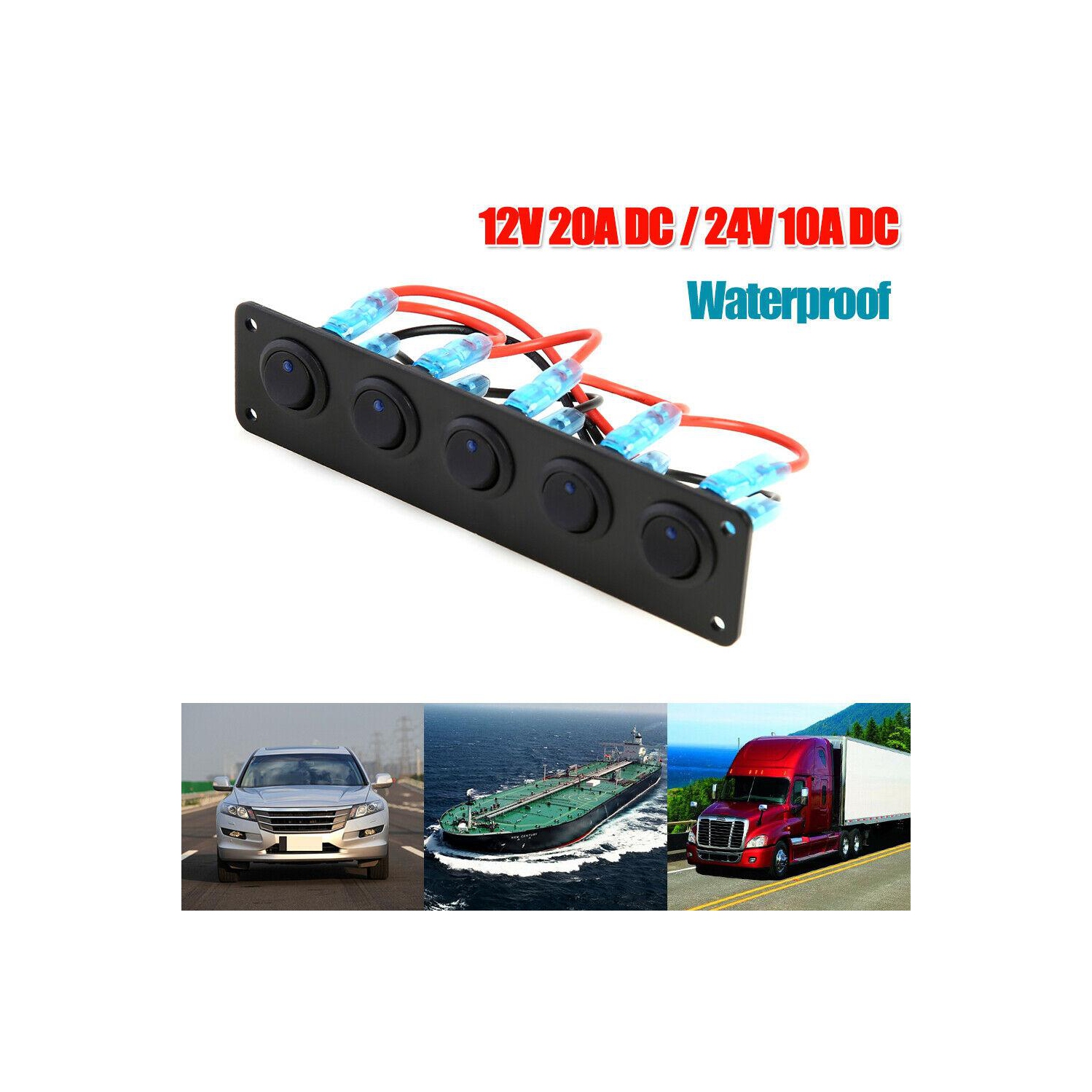Waterproof 5 Gang Blue LED Rocker Switch Panel 12V 20A 24V 10A for Car Boat