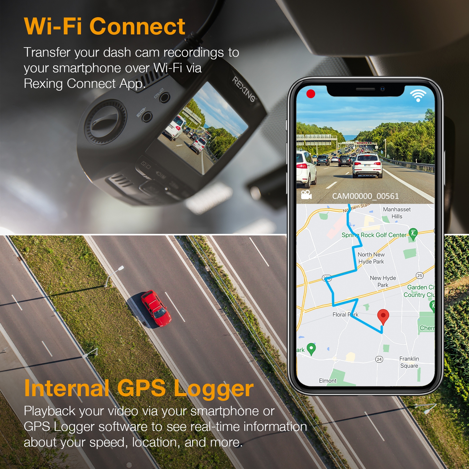 Rexing V1GW-4K Ultra HD Car Dash Cam with Wi-Fi Built-in GPS Logger - Black