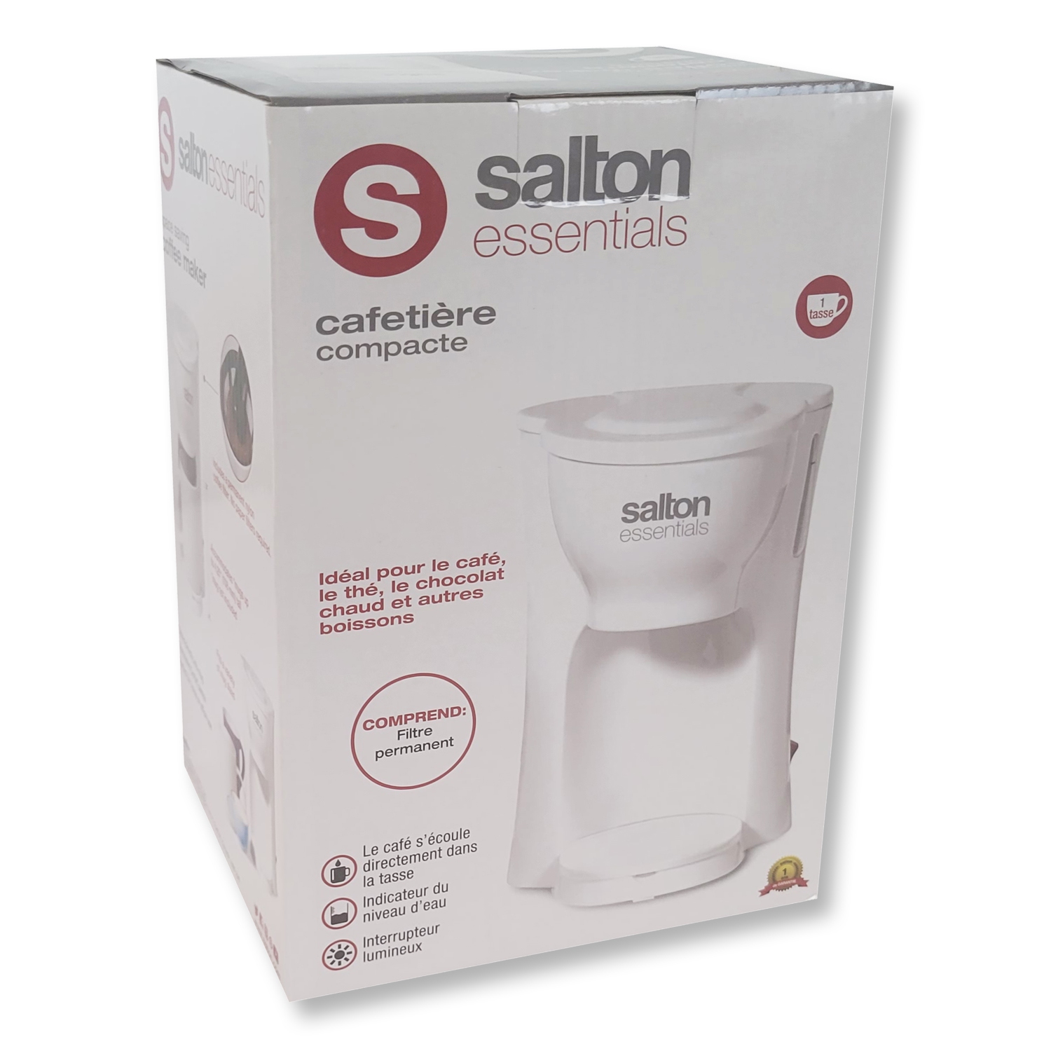 Salton Essentials - Compact 1-Cup Coffee Maker with Permanent Filter, White