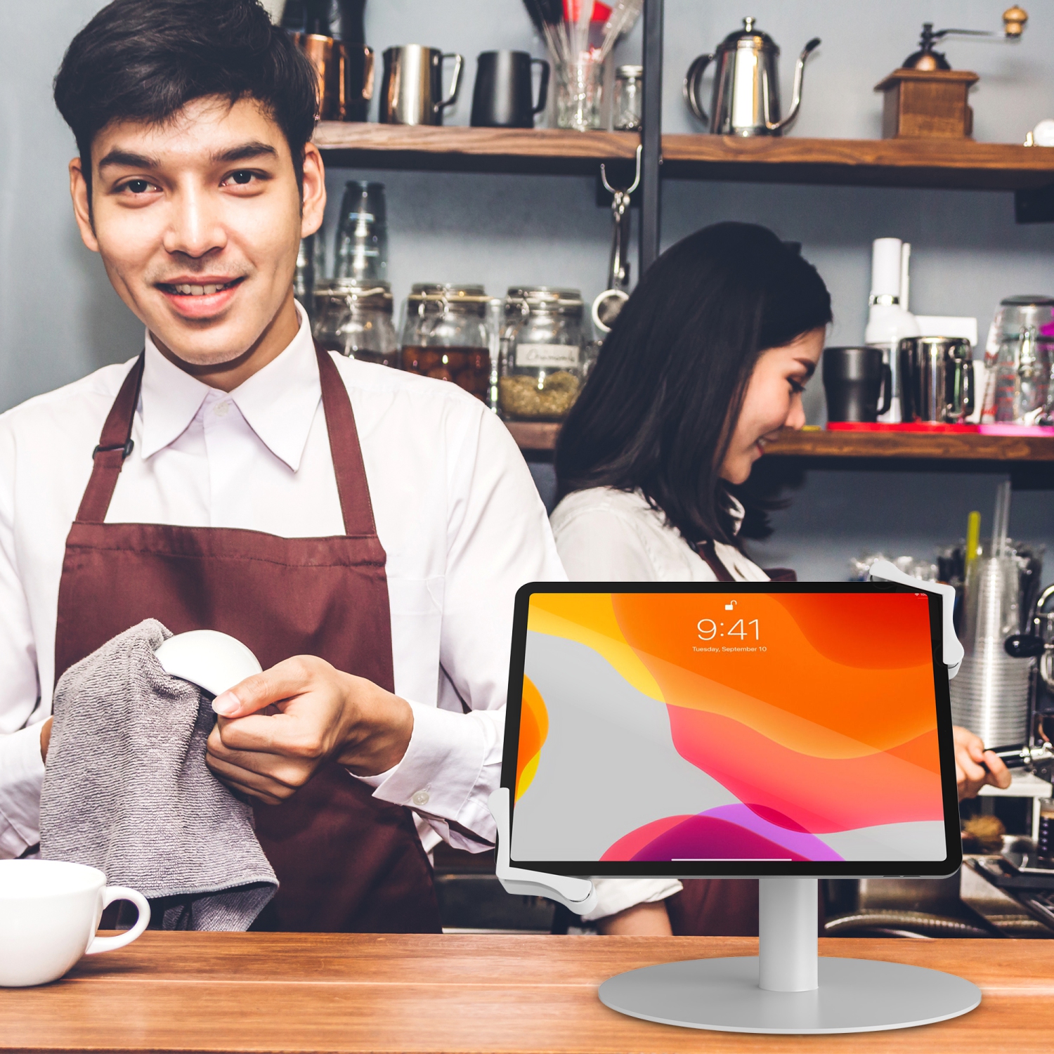 CTA Digital Heavy-Duty Universal Grip Kiosk Stand with 360-degree Rotation for 17.78-cm to 33.02-cm (13-in) Tablets - White