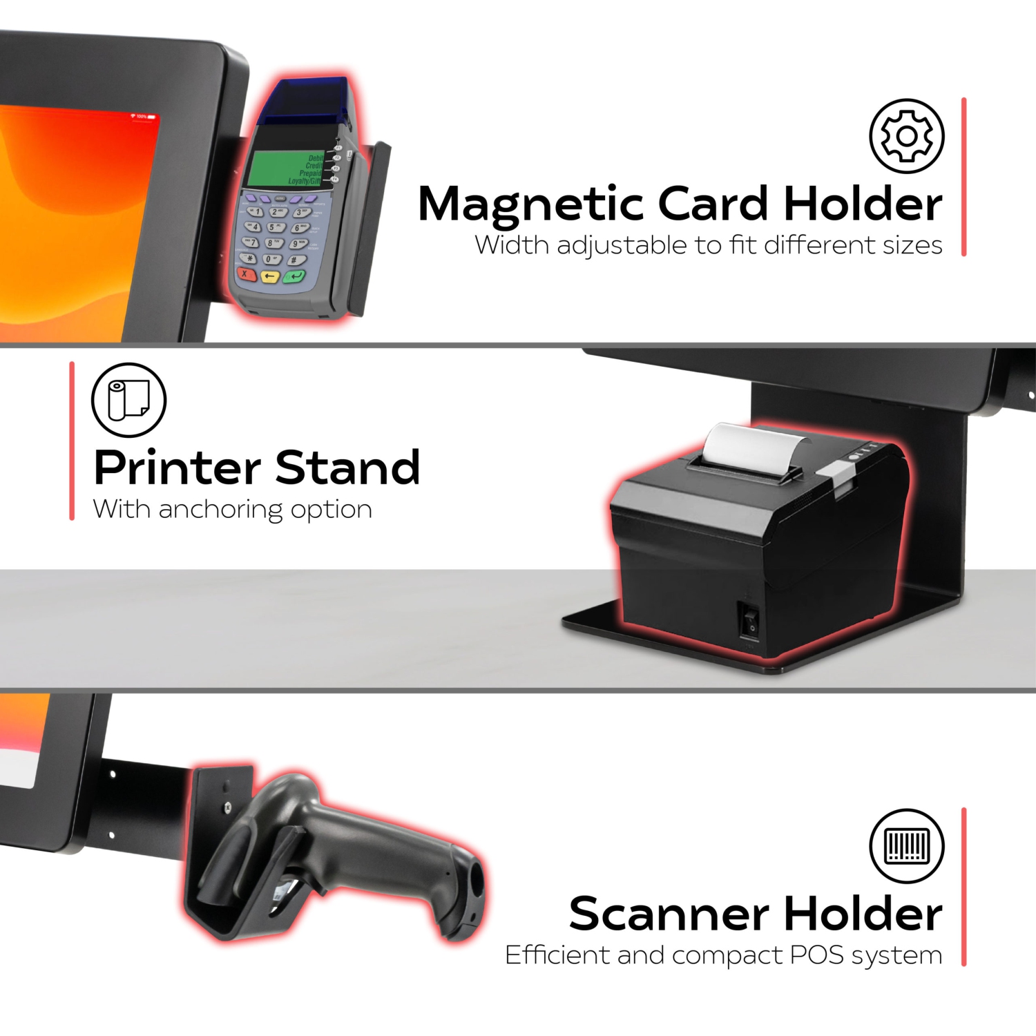 Station de point de vente CTA Digital à double plaque compatible VESA avec support d'imprimante, support de scanner magnétique et support de lecteur