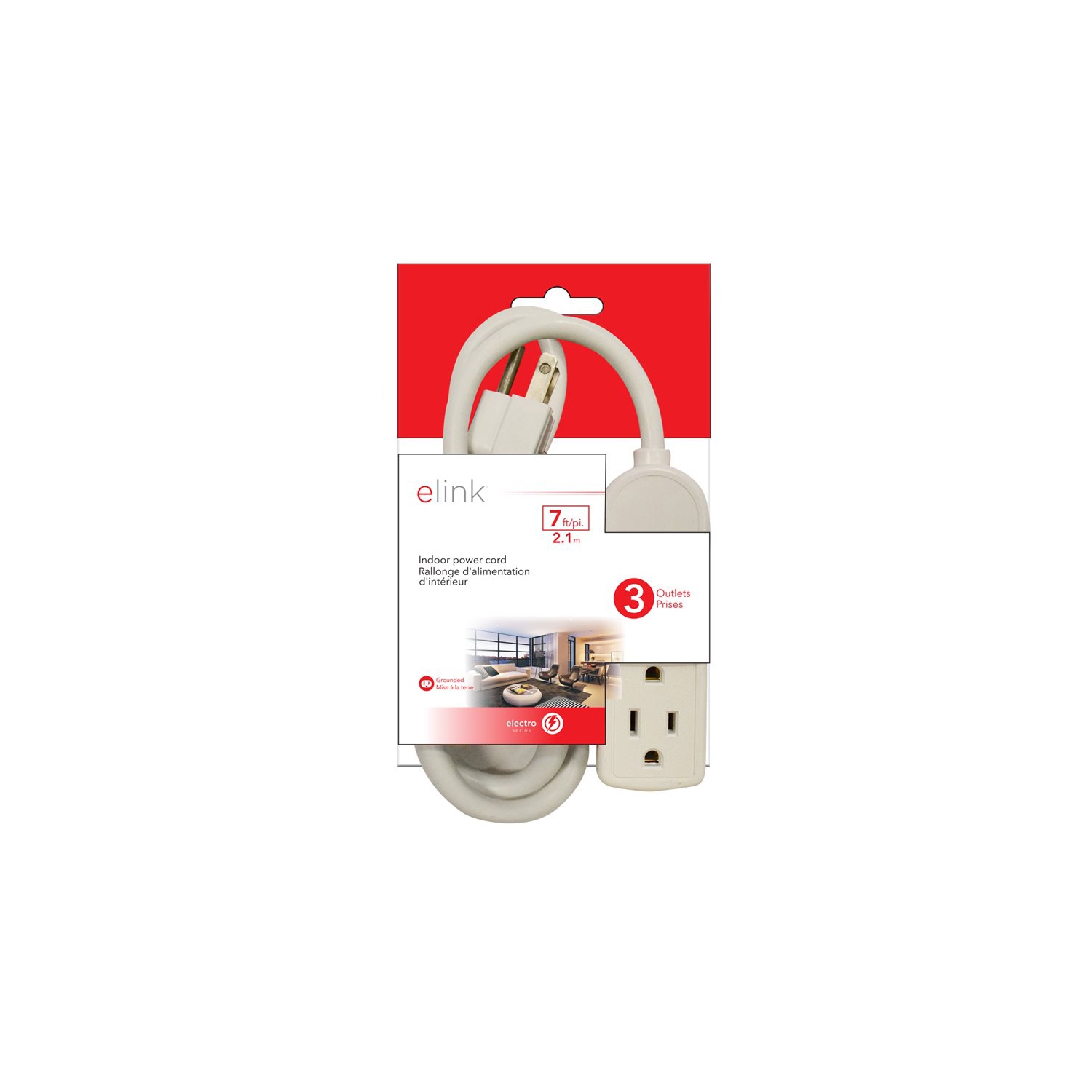 Elink EL-883 3 Outlet Grounded Interior Extension Power Bar 7Ft White