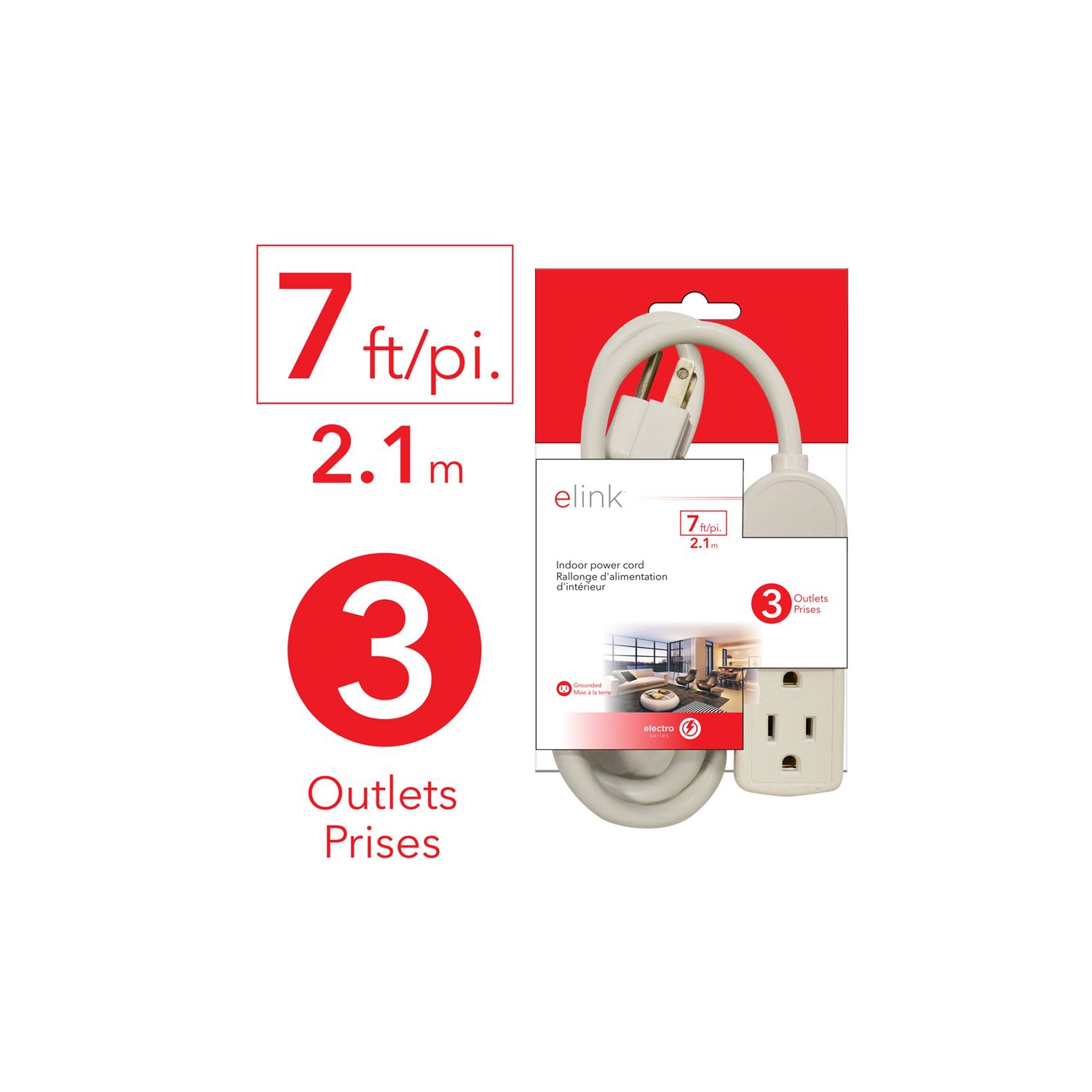 Elink EL-883 3 Outlet Grounded Interior Extension Power Bar 7Ft White