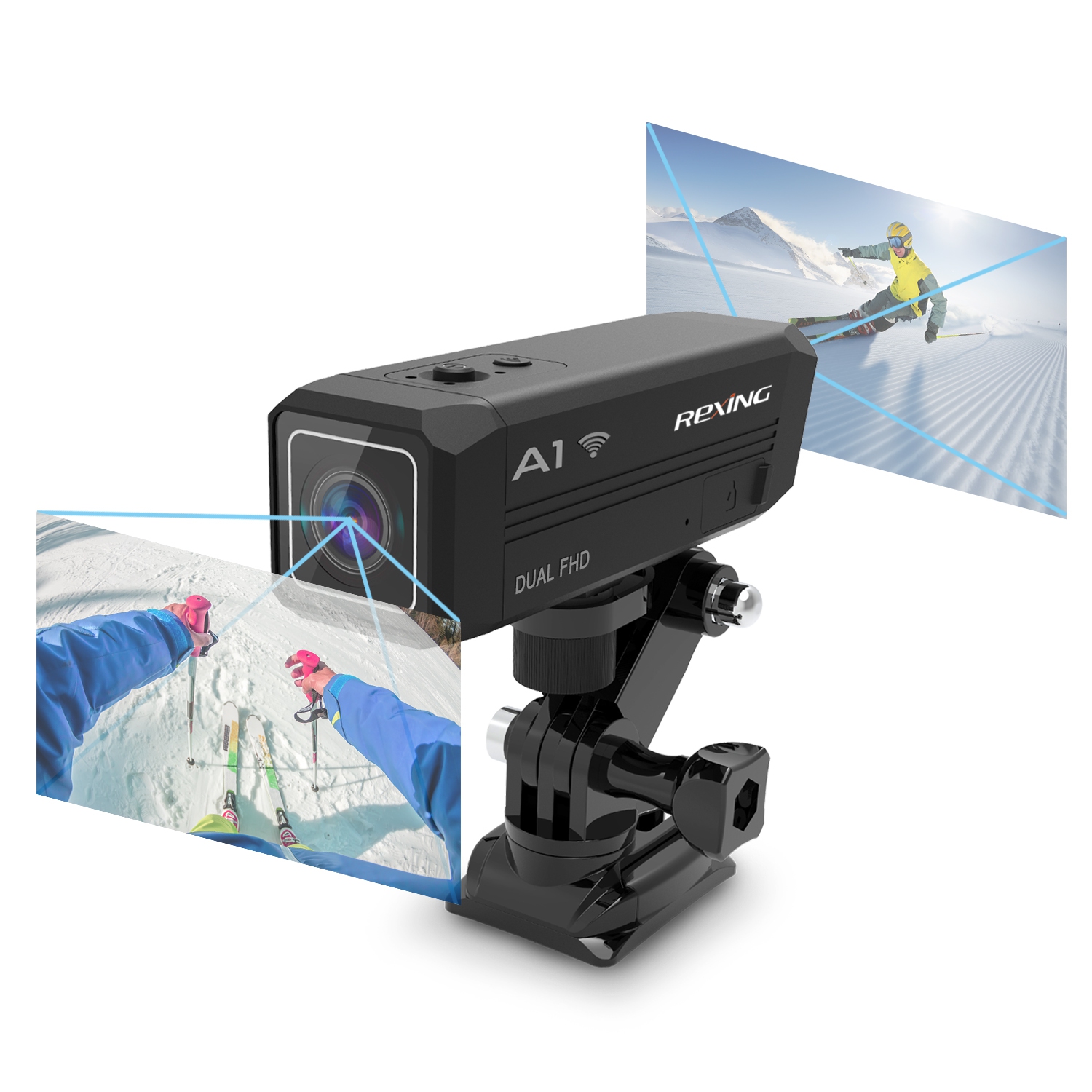 Rexing A1 Front and Back Waterproof Action Camera 1080P Wi-Fi - Black