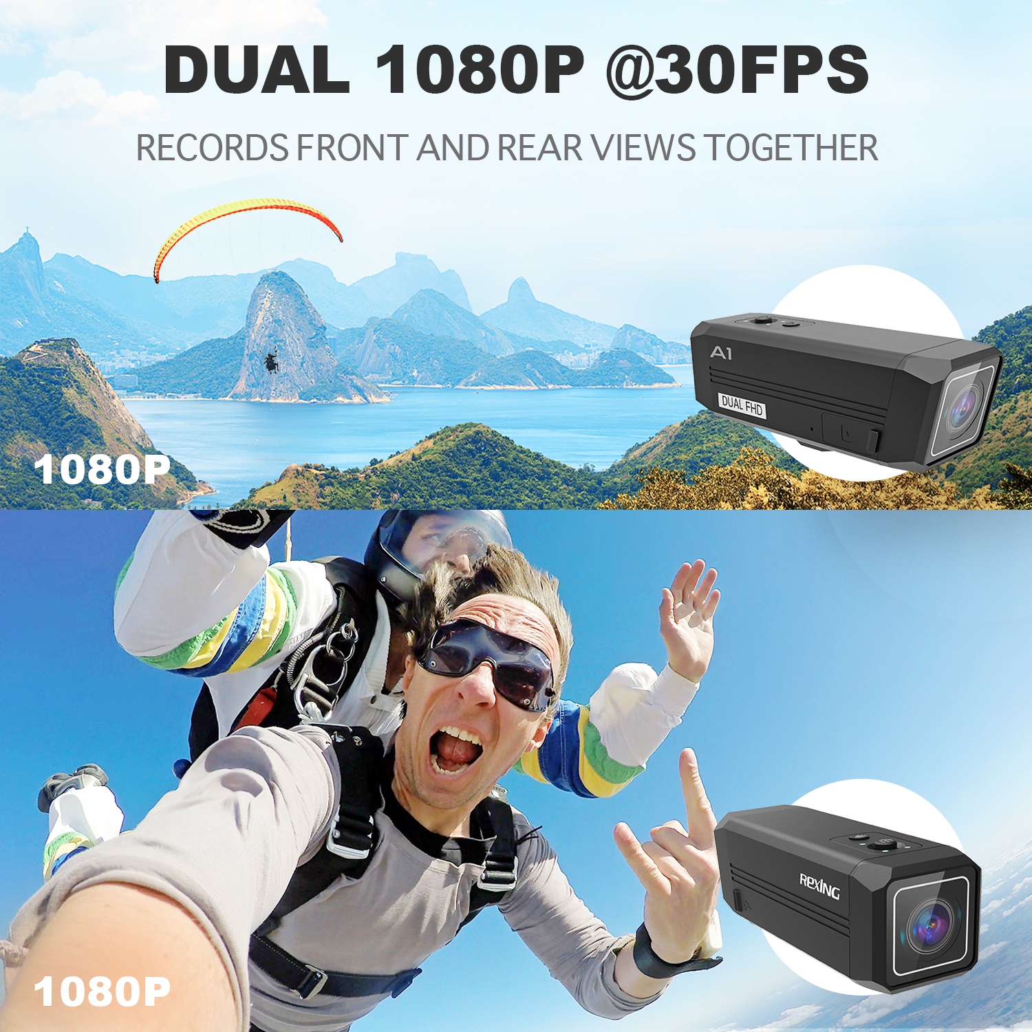 Rexing A1 Front and Back Waterproof Action Camera 1080P Wi-Fi - Black