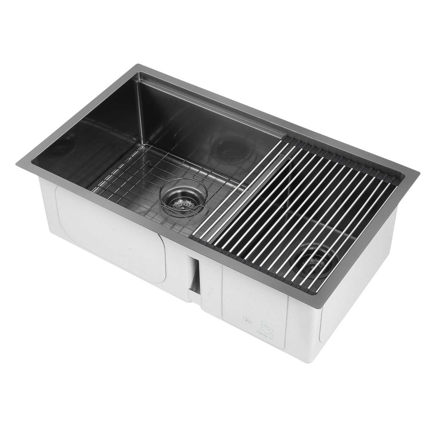 Ancona 32" 60/40 Double Bowl Undermount Kitchen Sink with Grid and Roll-Up Mat in Black PVD Nano