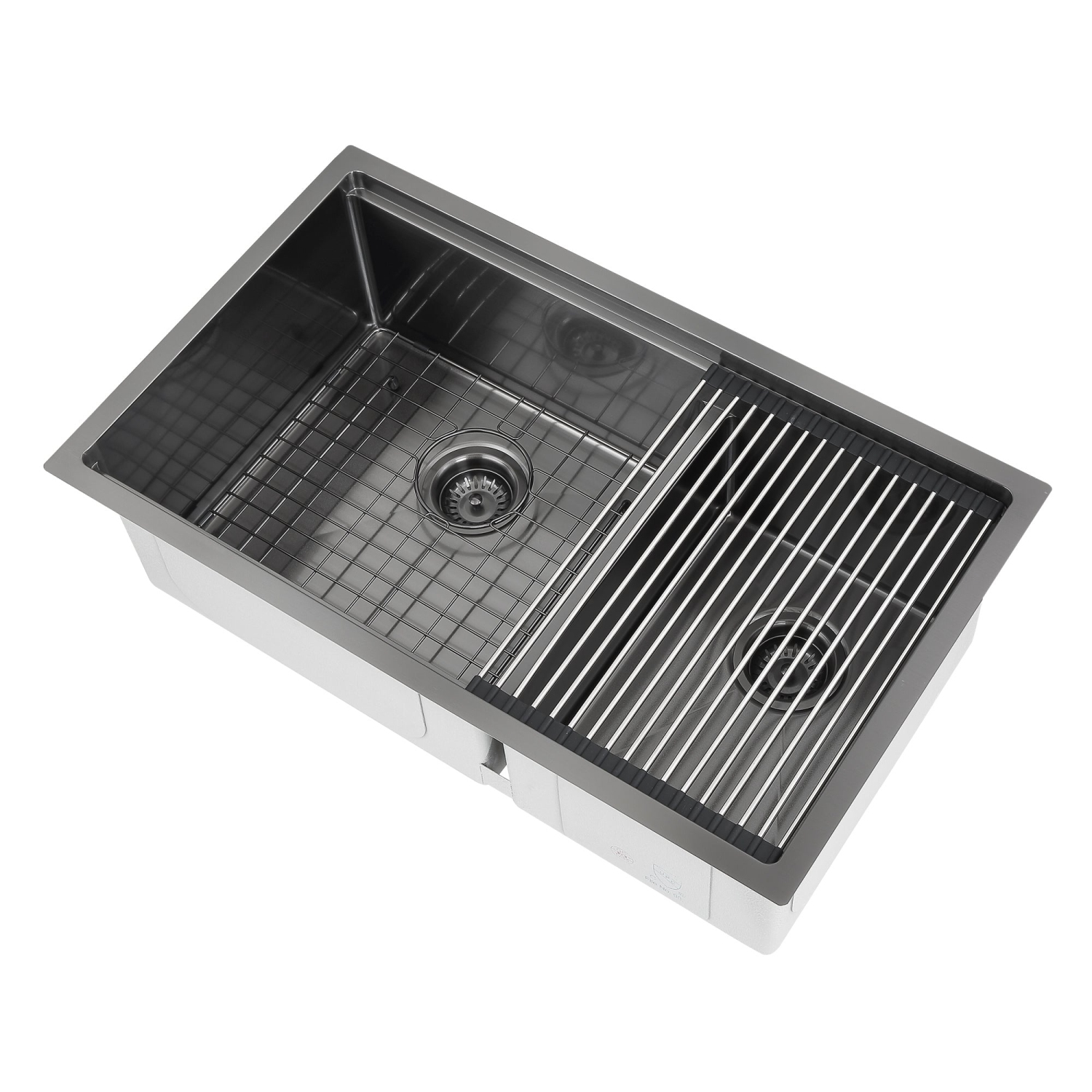 Ancona 32" 60/40 Double Bowl Undermount Kitchen Sink with Grid and Roll-Up Mat in Black PVD Nano