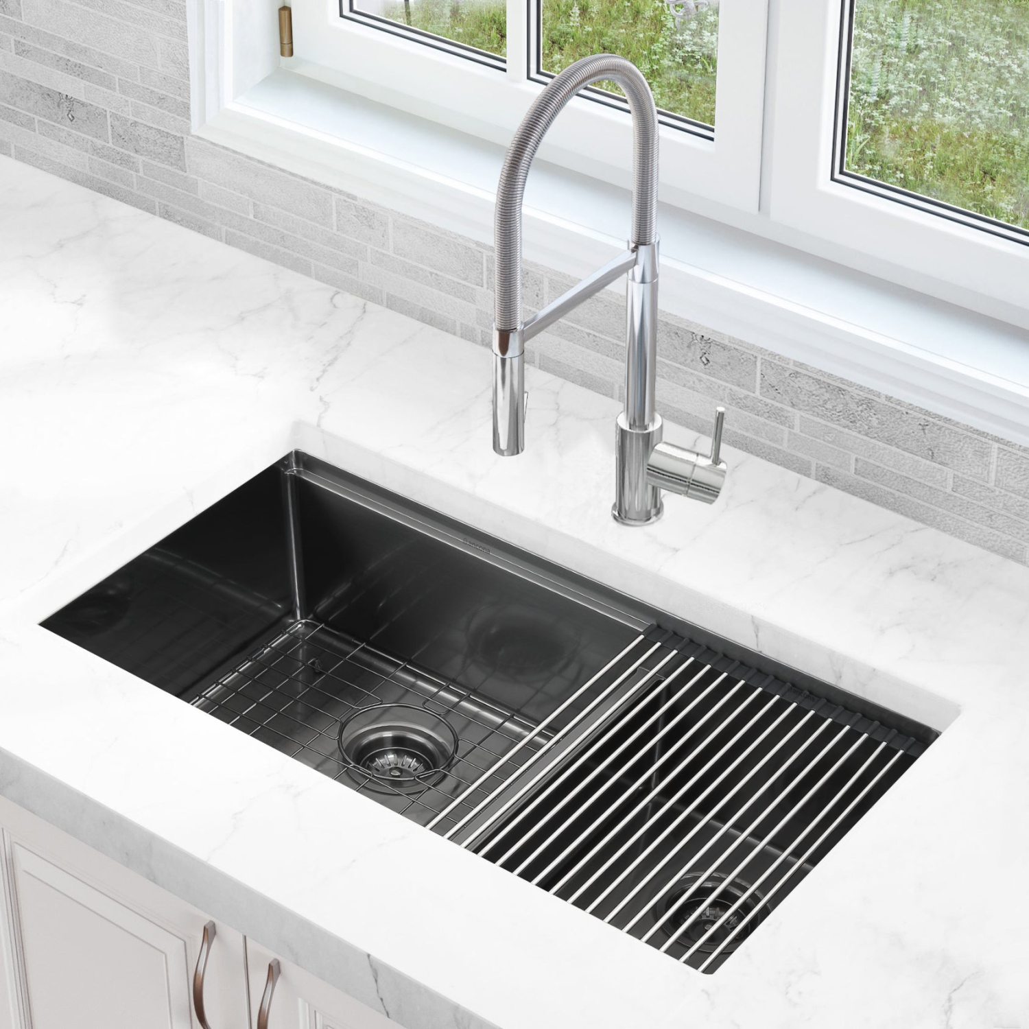 Ancona 32" 60/40 Double Bowl Undermount Kitchen Sink with Grid and Roll-Up Mat in Black PVD Nano