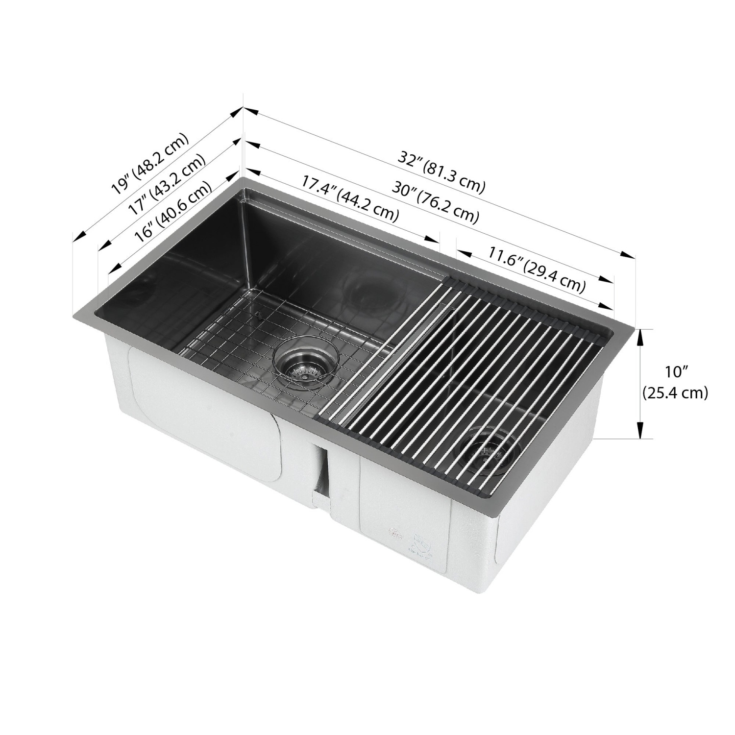 Ancona 32" 60/40 Double Bowl Undermount Kitchen Sink with Grid and Roll-Up Mat in Black PVD Nano