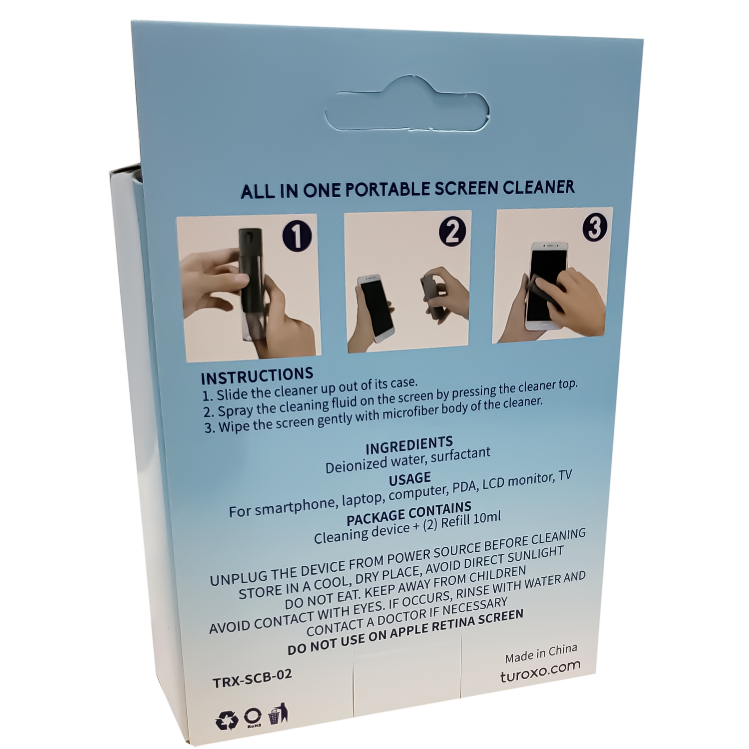 Screen Cleaner - Spray + Microfiber Body + 2X Refills - Innovative Cleaning Solution - On The Go Screen Cleaner - Gray - TRX-SCB-02