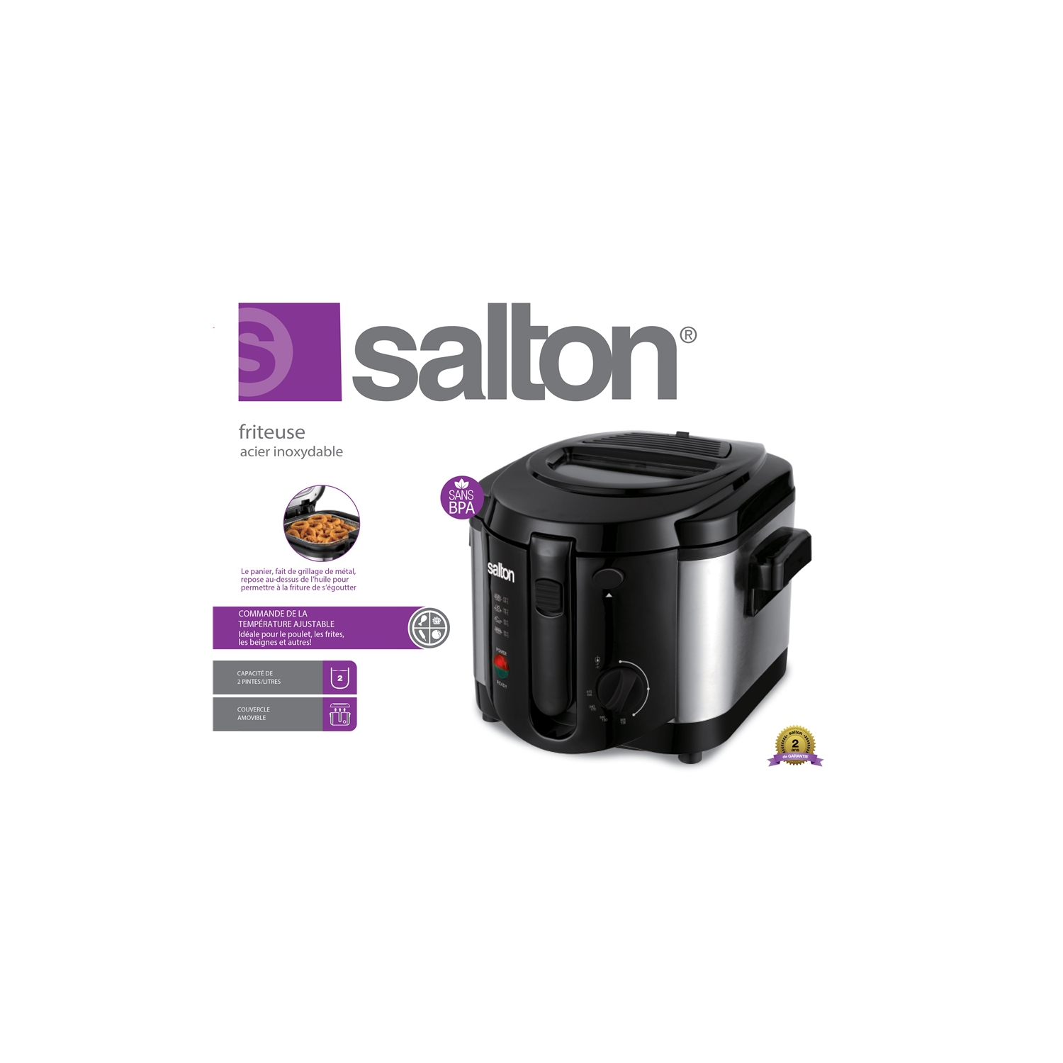 Salton DF2064 - 2L Capacity Fryer with Adjustable Temperature and Removable Lid, Stainless Steel