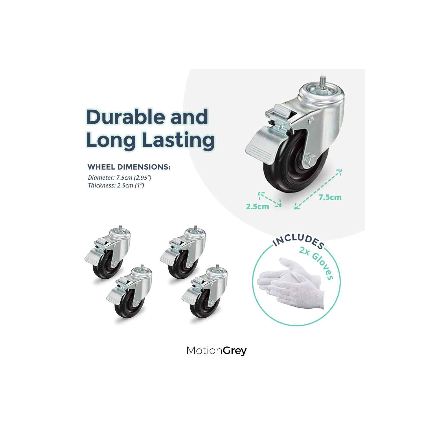 MotionGrey Heavy Duty Caster Wheels 3 inch for All Floors, M10 Threaded Locking Casters Set of 4, Universal Industrial Metal Swivel Wheel Desk Castor