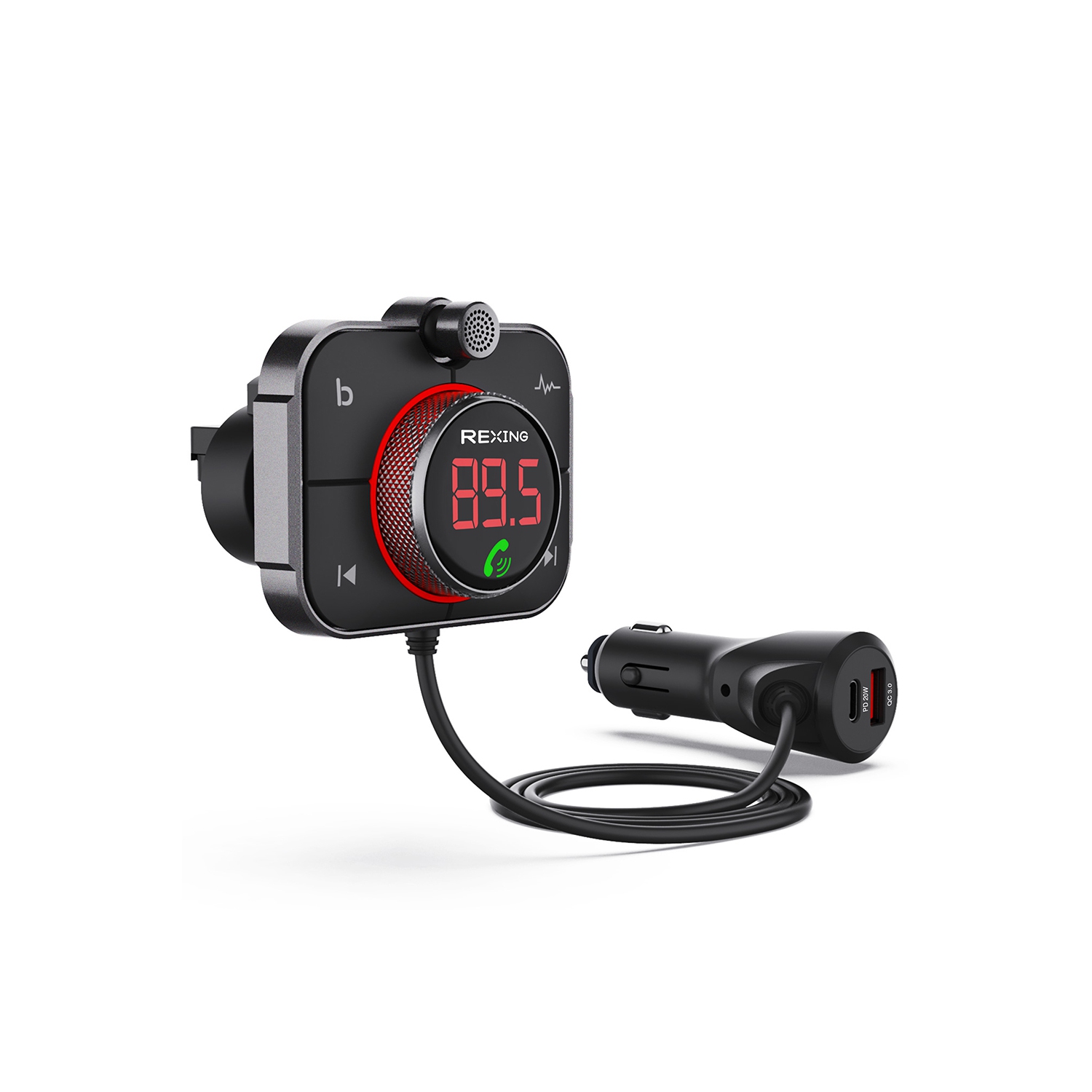 Rexing FMT2 Bluetooth FM Transmitter Hands-Free Car Kit with QC3.0 and Smart 2.4A Dual USB Ports - Black