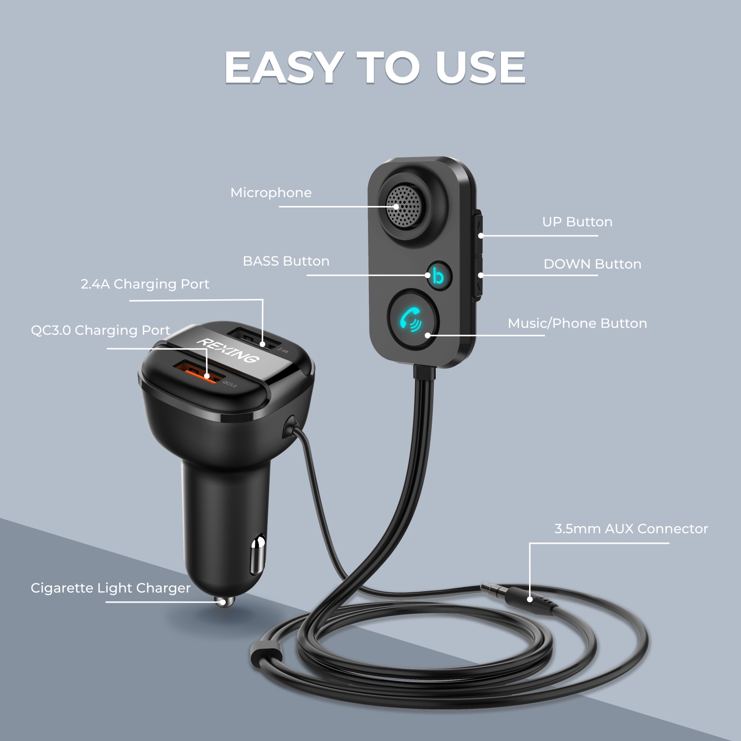 Rexing AUX2 Mini Récepteur Bluetooth avec Double USB Amélioré Basses et Commande Vocale - Noir