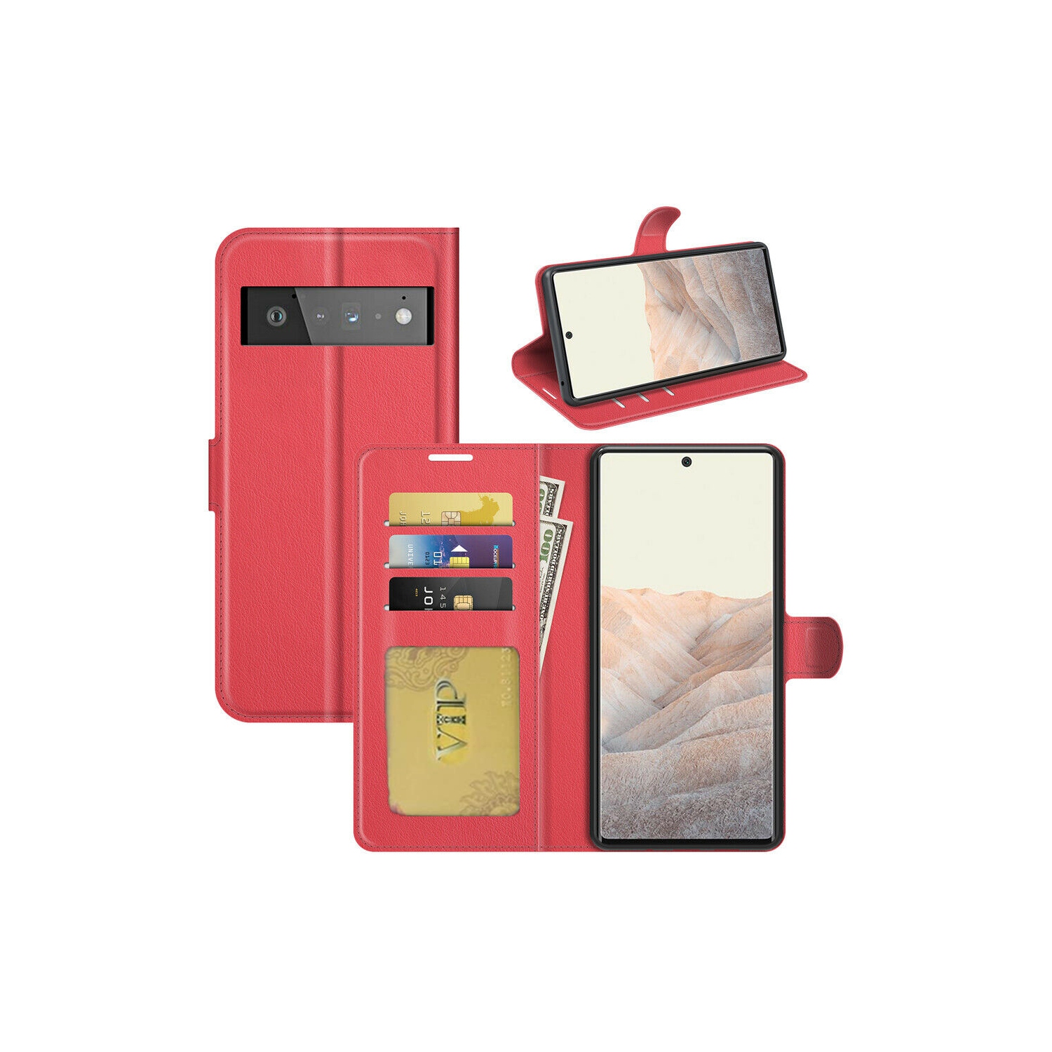 【CSmart】 Magnetic Card Slot Leather Folio Wallet Flip Case Cover for Google Pixel 6 (6.4"), Red