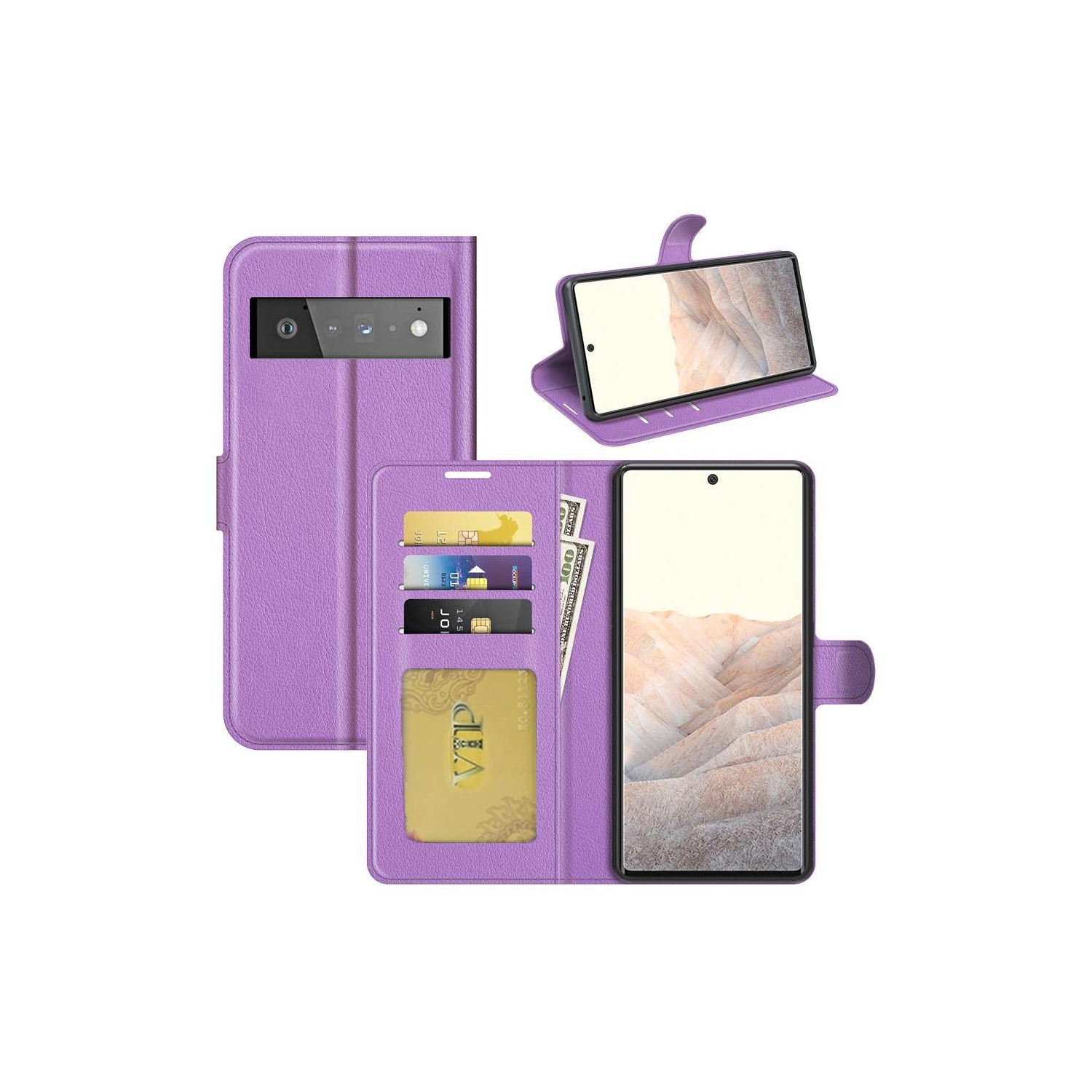 [CS] Google Pixel 6 Case, Magnetic Leather Folio Wallet Flip Case Cover with Card Slot, Purple
