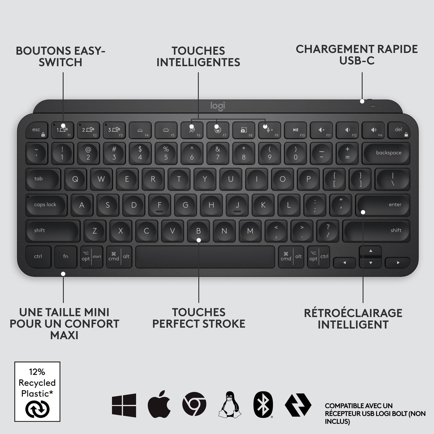 Clavier ergonomique rétroéclairé Bluetooth MX Keys Mini de Logitech - Noir