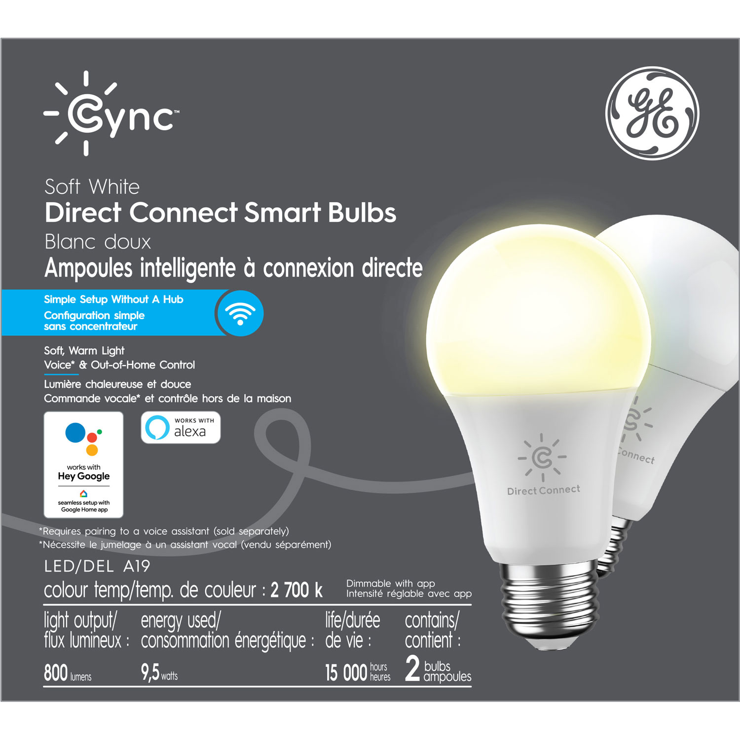 Ampoule DEL intelligente A19 Cync de GE - Blanc doux - Paquet de 2