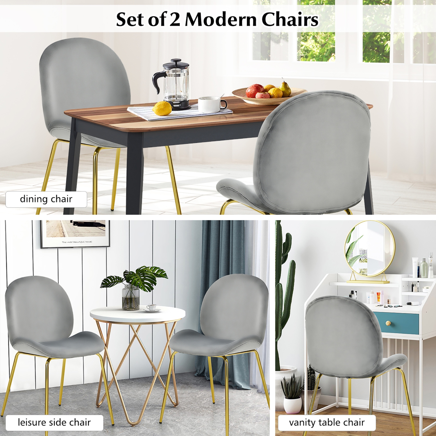 Costway Set of 2 Velvet Dining Chair Accent Chair Side Chair w/Gold Metal Legs