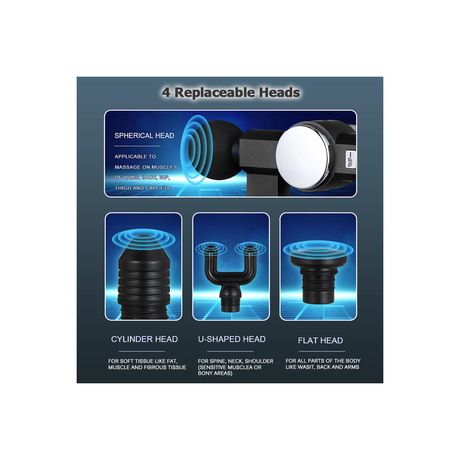 Portable Heated Muscle Massage Fascia Gun with 4 Massage Heads, Black