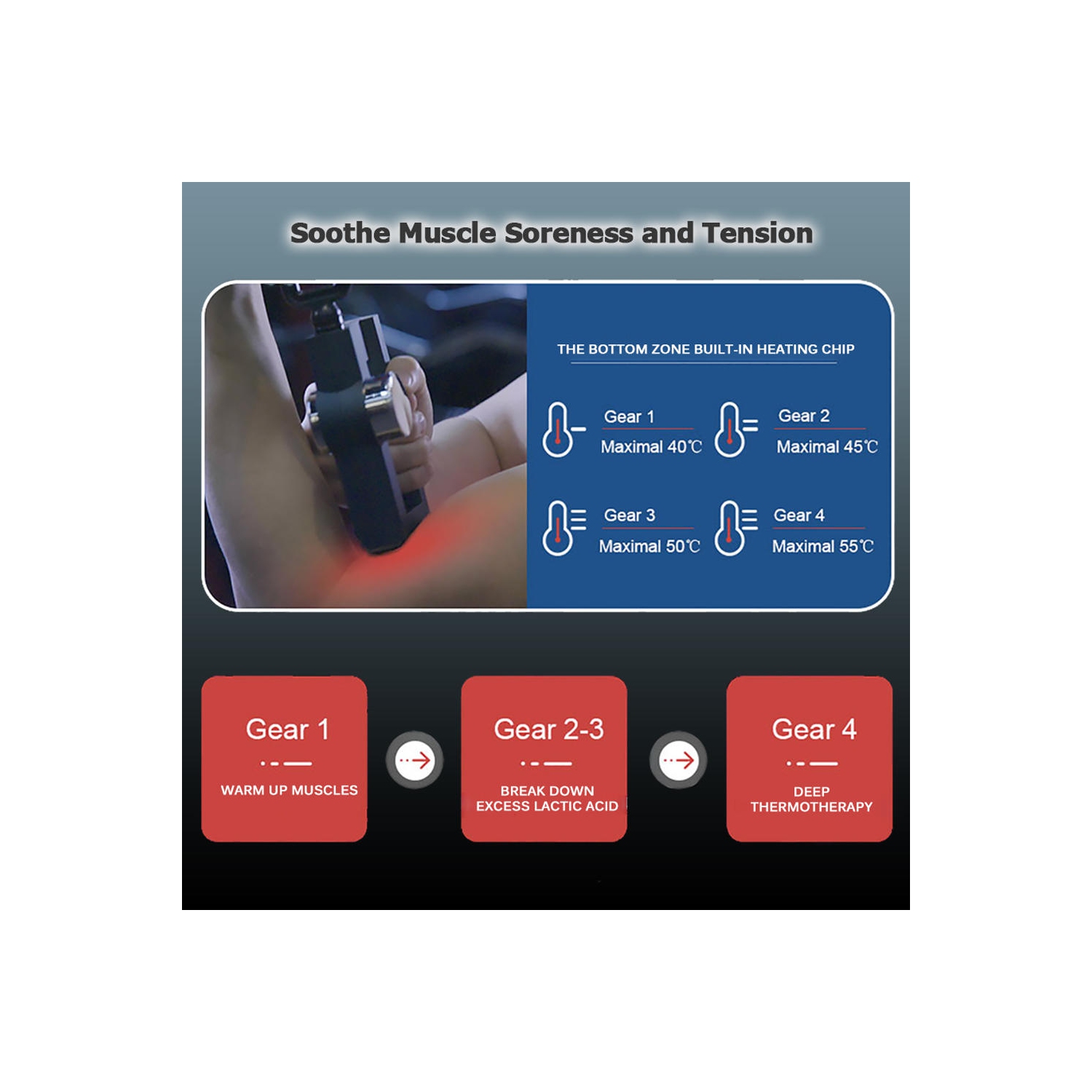 Portable Heated Muscle Massage Fascia Gun with 4 Massage Heads, Black